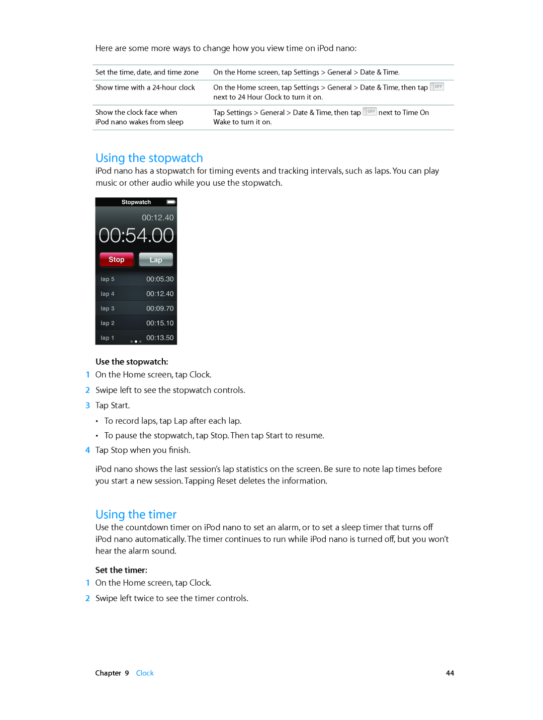 Apple MD475LL/A, MD481LL/A, MD478LL/A manual Using the stopwatch, Using the timer, Use the stopwatch, Set the timer, Clock 