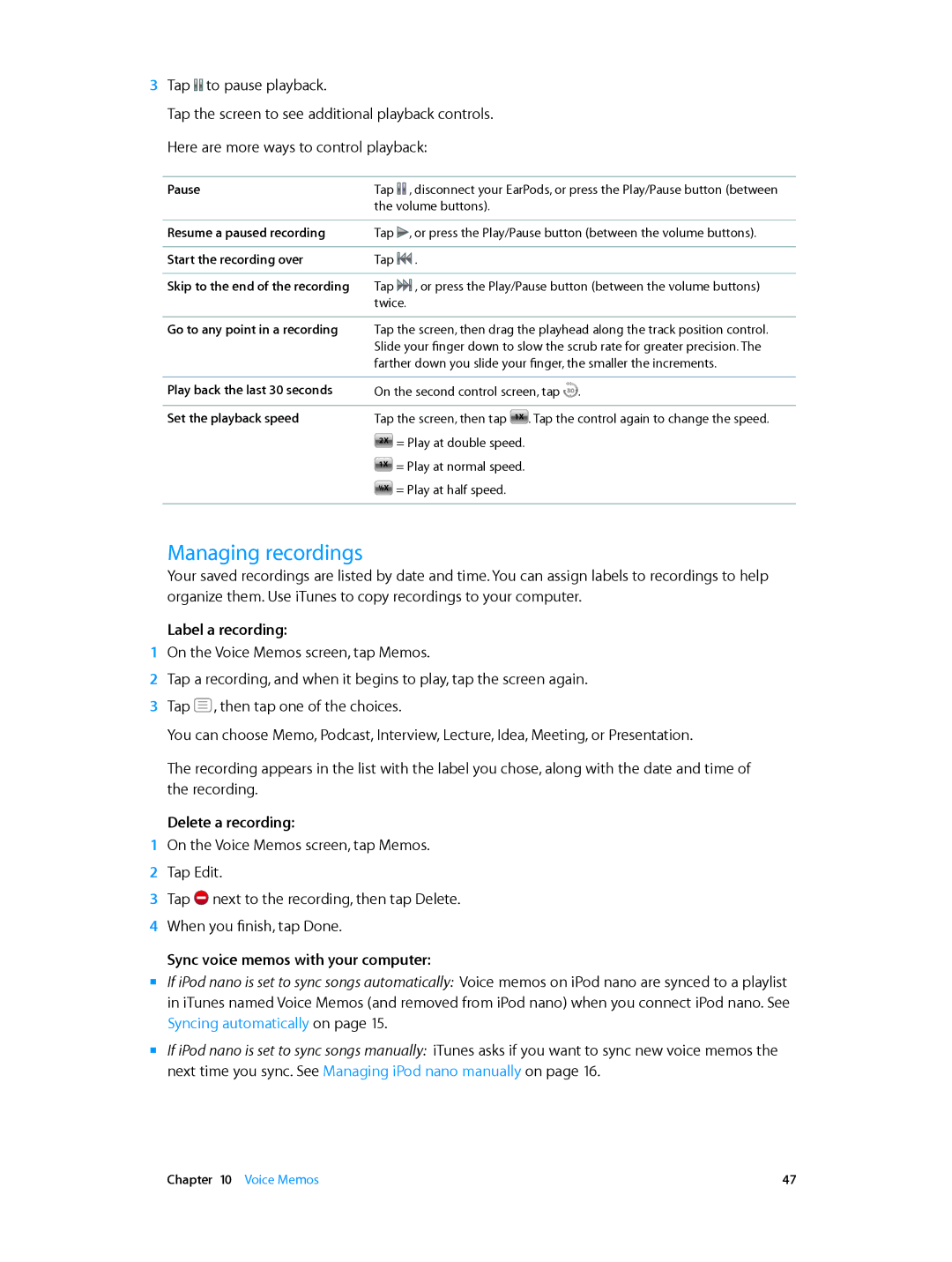 Apple MD480LL/A, MD481LL/A Managing recordings, Label a recording, Delete a recording, Sync voice memos with your computer 