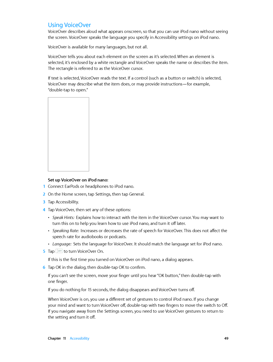 Apple MD475LL/A, MD481LL/A, MD478LL/A, MD480LL/A, MD477LL/A manual Using VoiceOver, Set up VoiceOver on iPod nano 