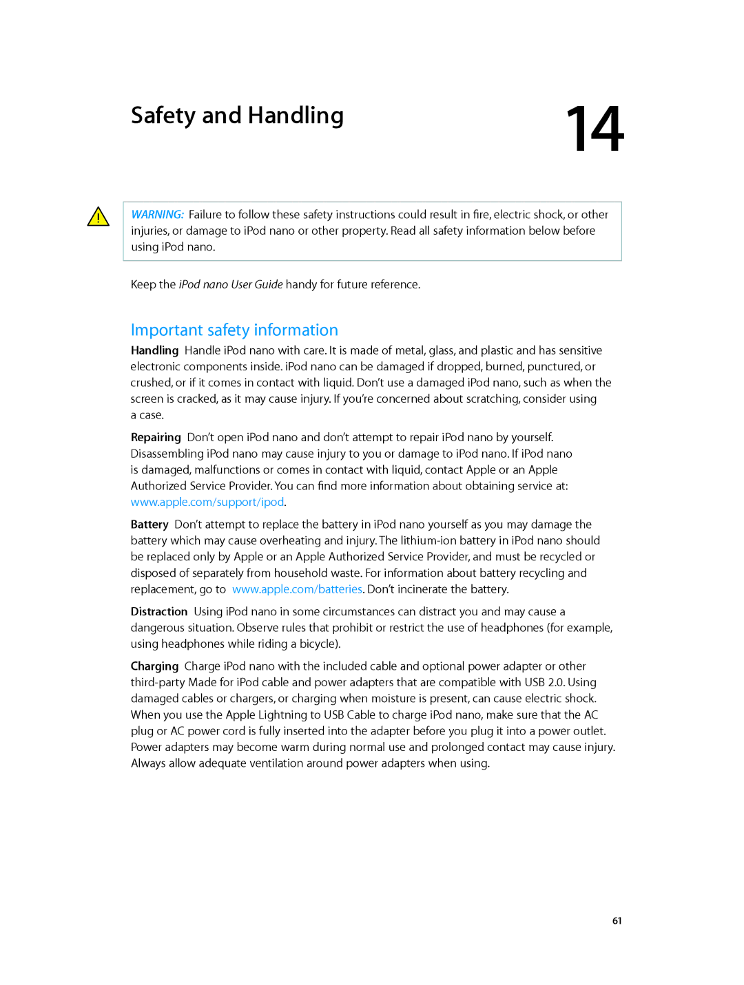 Apple MD478LL/A, MD481LL/A, MD480LL/A, MD477LL/A, MD475LL/A manual Safety and Handling, Important safety information 