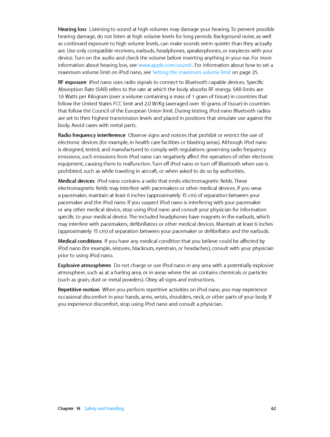 Apple MD480LL/A, MD481LL/A, MD478LL/A, MD477LL/A, MD475LL/A manual Safety and Handling 