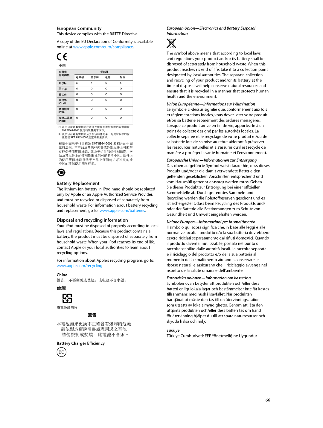 Apple MD478LL/A, MD481LL/A manual Battery Replacement Disposal and recycling information, China Battery Charger Efficiency 