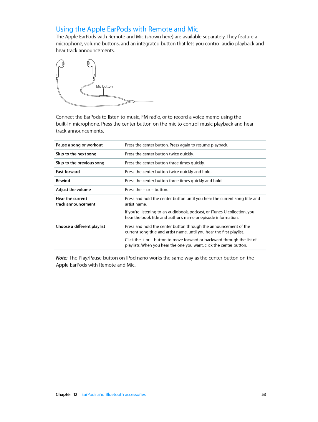 Apple MD477LL/A, MD481LL/A, MD478LL/A manual Using the Apple EarPods with Remote and Mic, EarPods and Bluetooth accessories 
