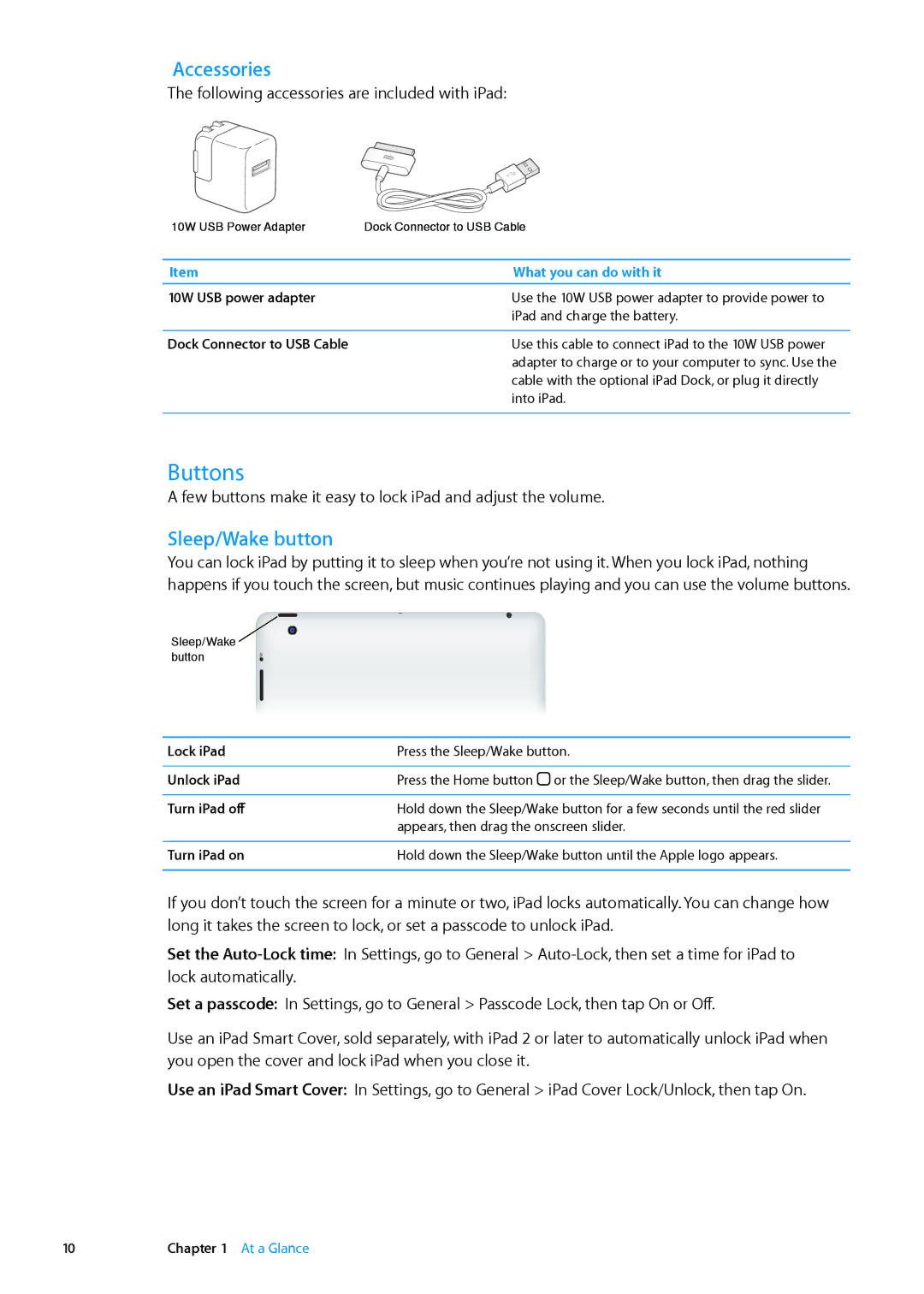 Apple MD510LL/A, MD330LL/A, MD528LL/A Buttons, Accessories, Sleep/Wake button, Following accessories are included with iPad 