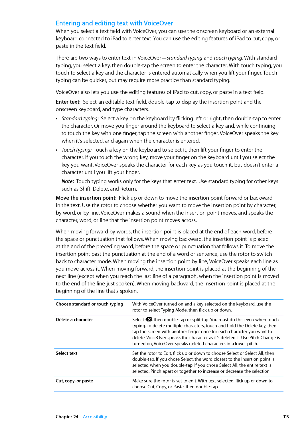 Apple MD513LL/A, MD510LL/A Entering and editing text with VoiceOver, Delete a character, Select text, Cut, copy, or paste 