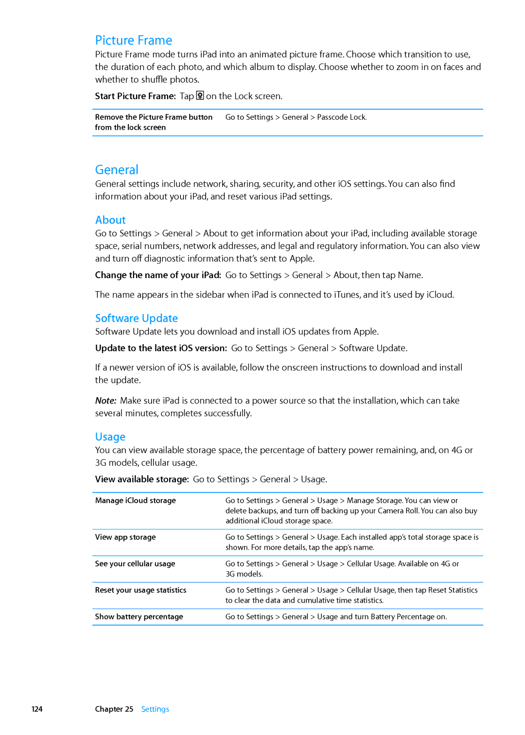 Apple MD512LL/A, MD510LL/A, MD330LL/A, MD528LL/A, MD513LL/A manual Picture Frame, General, About, Software Update, Usage 