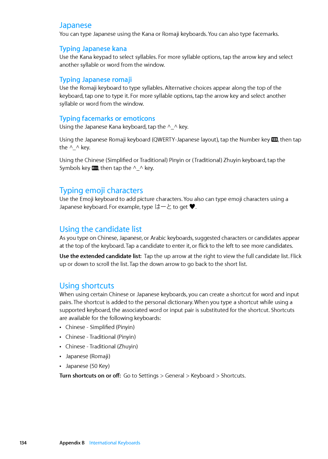 Apple MD512LL/A, MD510LL/A, MD330LL/A manual Japanese, Typing emoji characters, Using the candidate list, Using shortcuts 