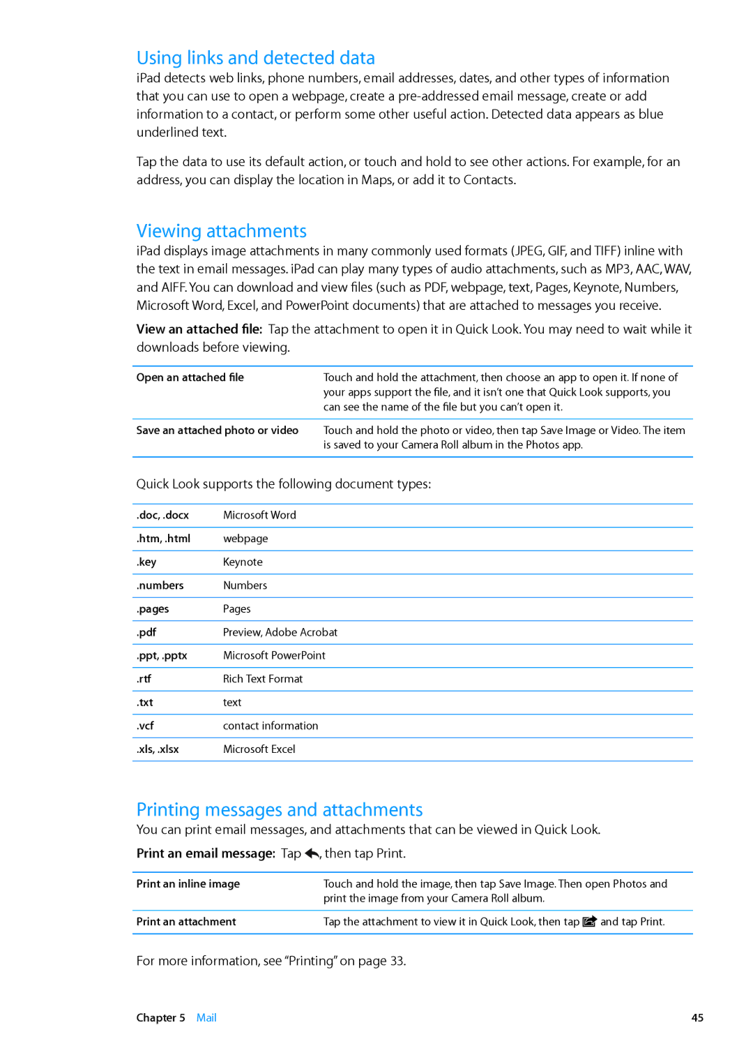 Apple MD510LL/A, MD330LL/A, MD528LL/A Using links and detected data, Viewing attachments, Printing messages and attachments 