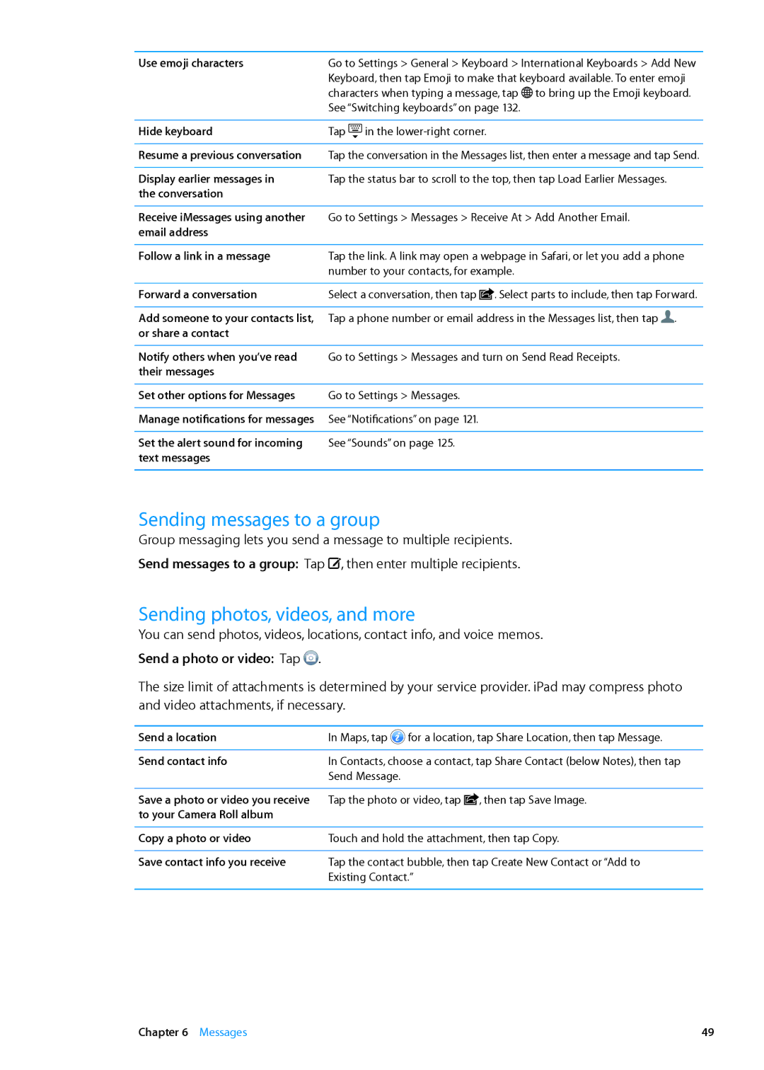 Apple MD512LL/A, MD510LL/A manual Sending messages to a group, Sending photos, videos, and more, Send a photo or video Tap 