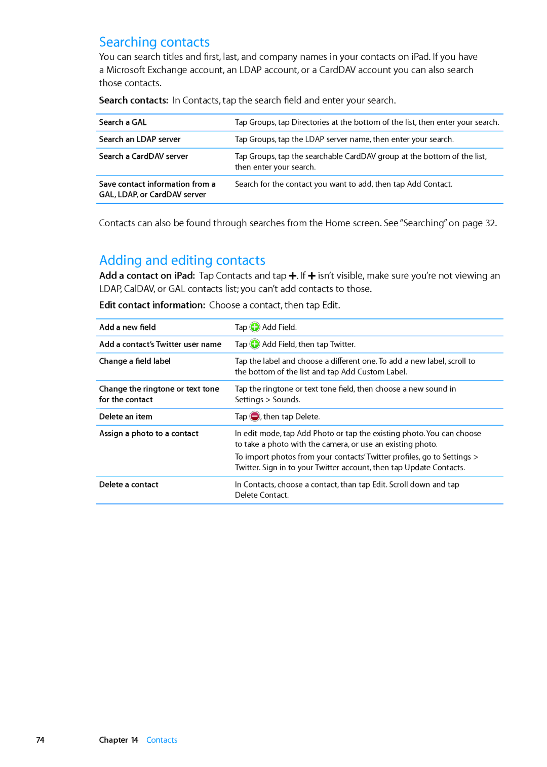 Apple MD512LL/A, MD510LL/A, MD330LL/A, MD528LL/A, MD513LL/A manual Searching contacts, Adding and editing contacts 