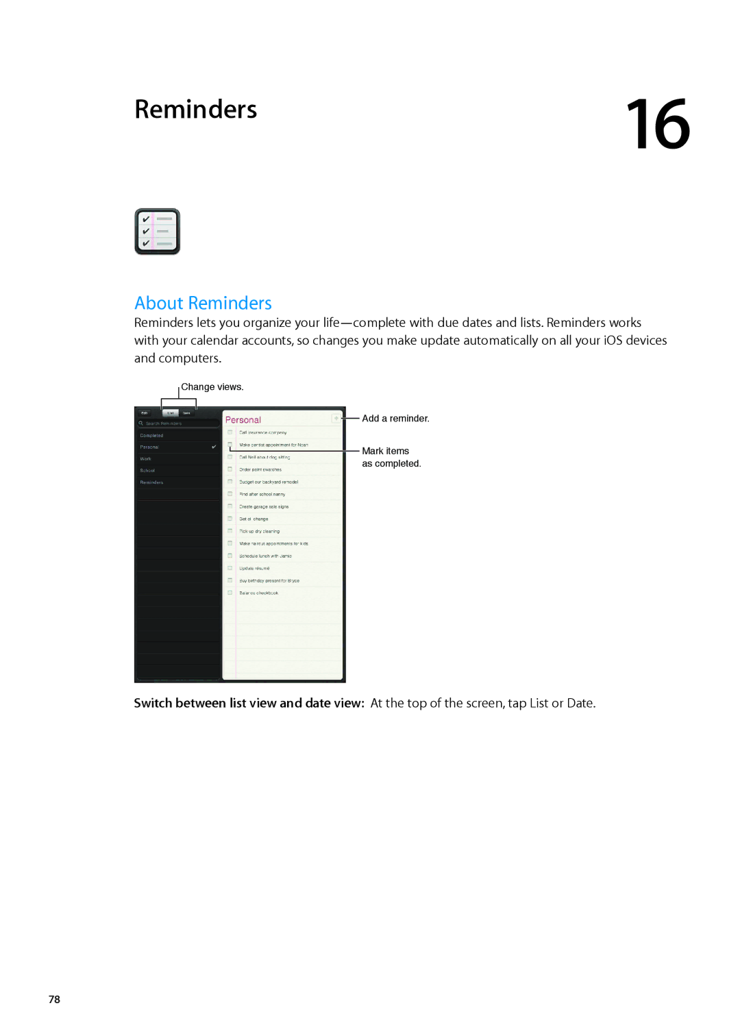 Apple MD513LL/A, MD510LL/A, MD330LL/A, MD528LL/A, MD512LL/A manual About Reminders 