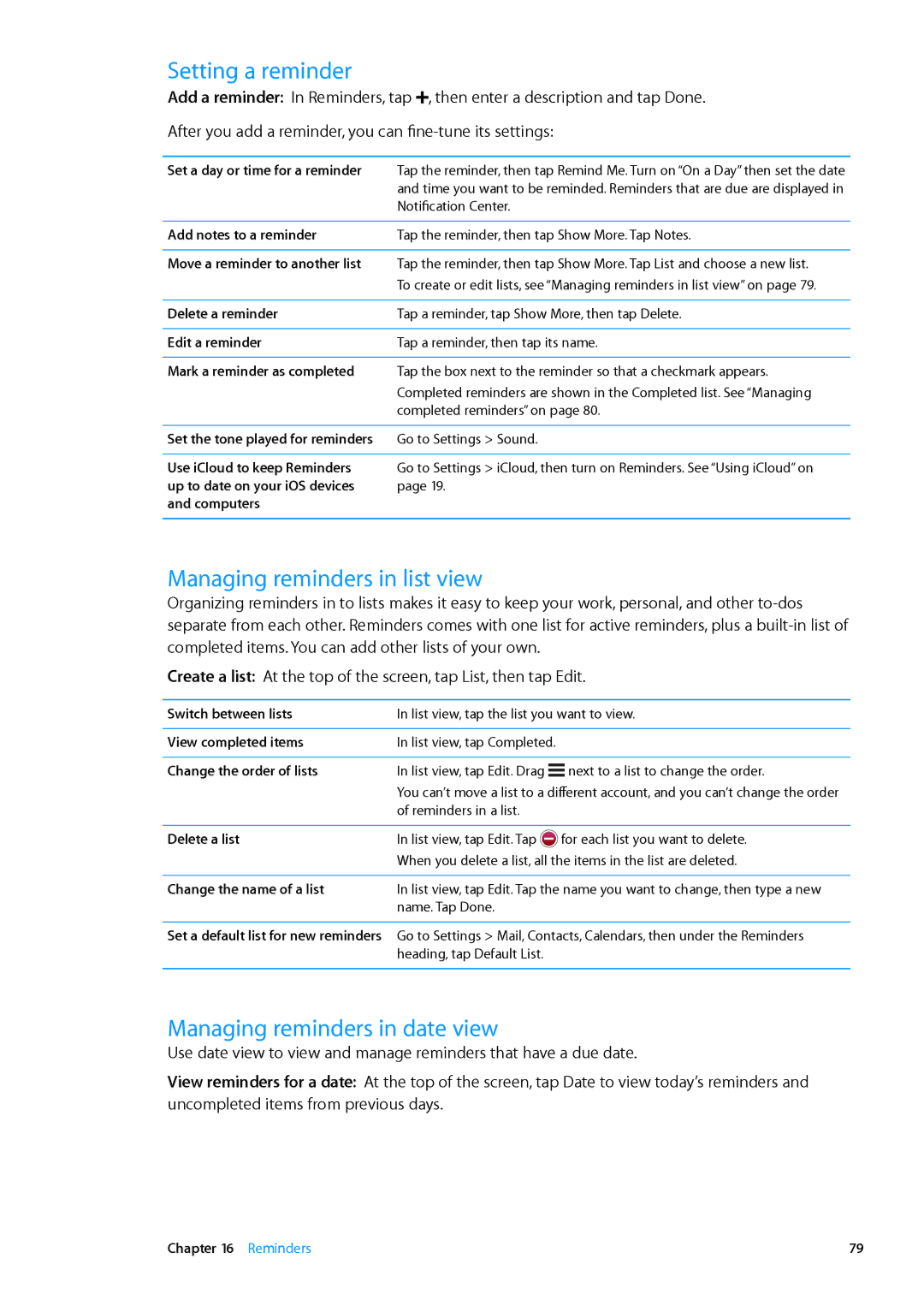 Apple MD512LL/A, MD510LL/A, MD330LL/A Setting a reminder, Managing reminders in list view, Managing reminders in date view 