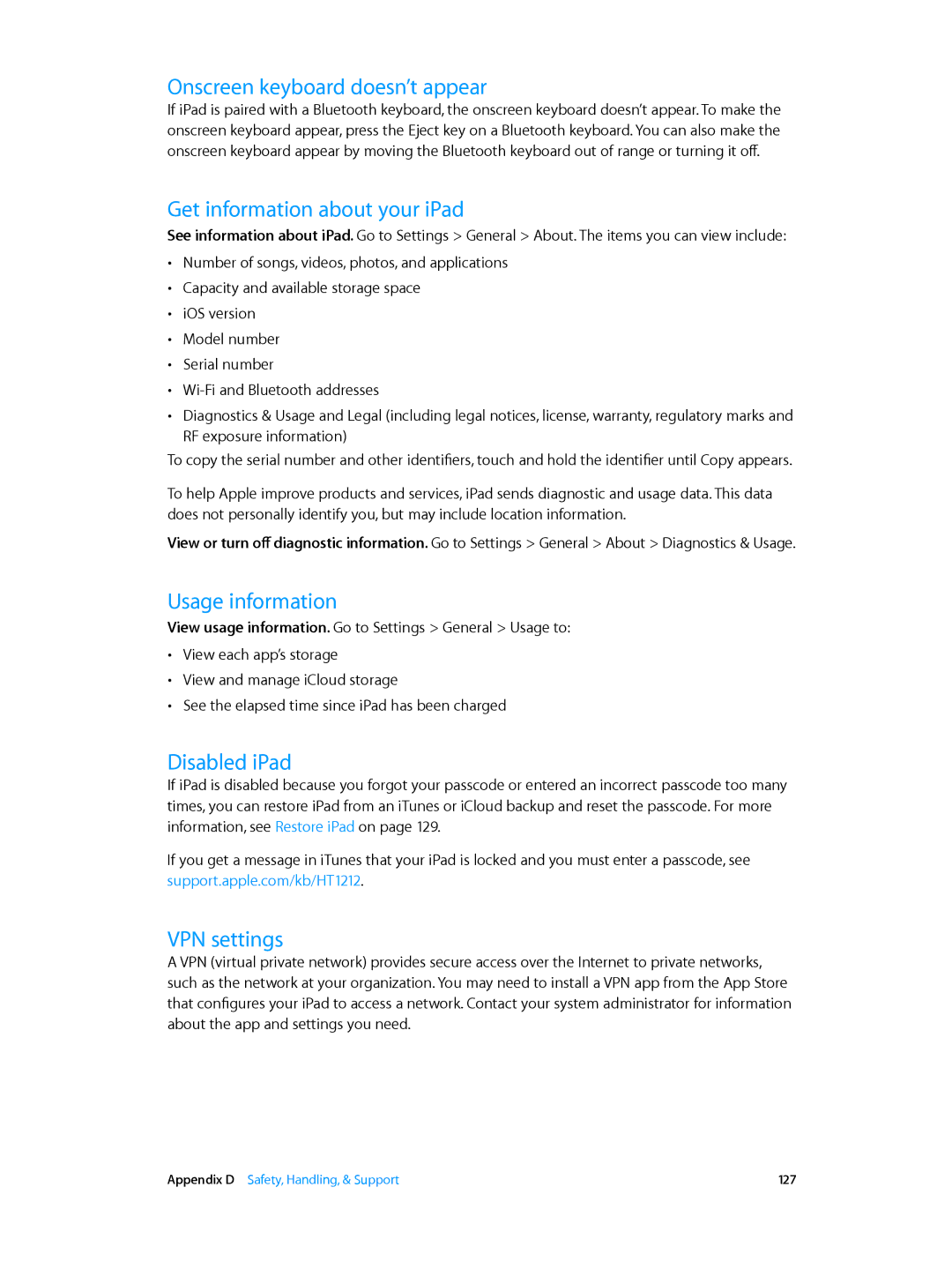 Apple ME898LL/A manual Onscreen keyboard doesn’t appear, Get information about your iPad, Usage information, Disabled iPad 