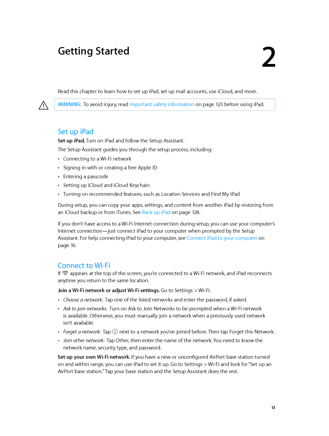 Apple MC755LL/A, MD510LL/A, MD366EA, MD370LL/A, MD329LL/A, MD368EA, MD074LL/A Getting Started, Set up iPad, Connect to Wi-Fi 