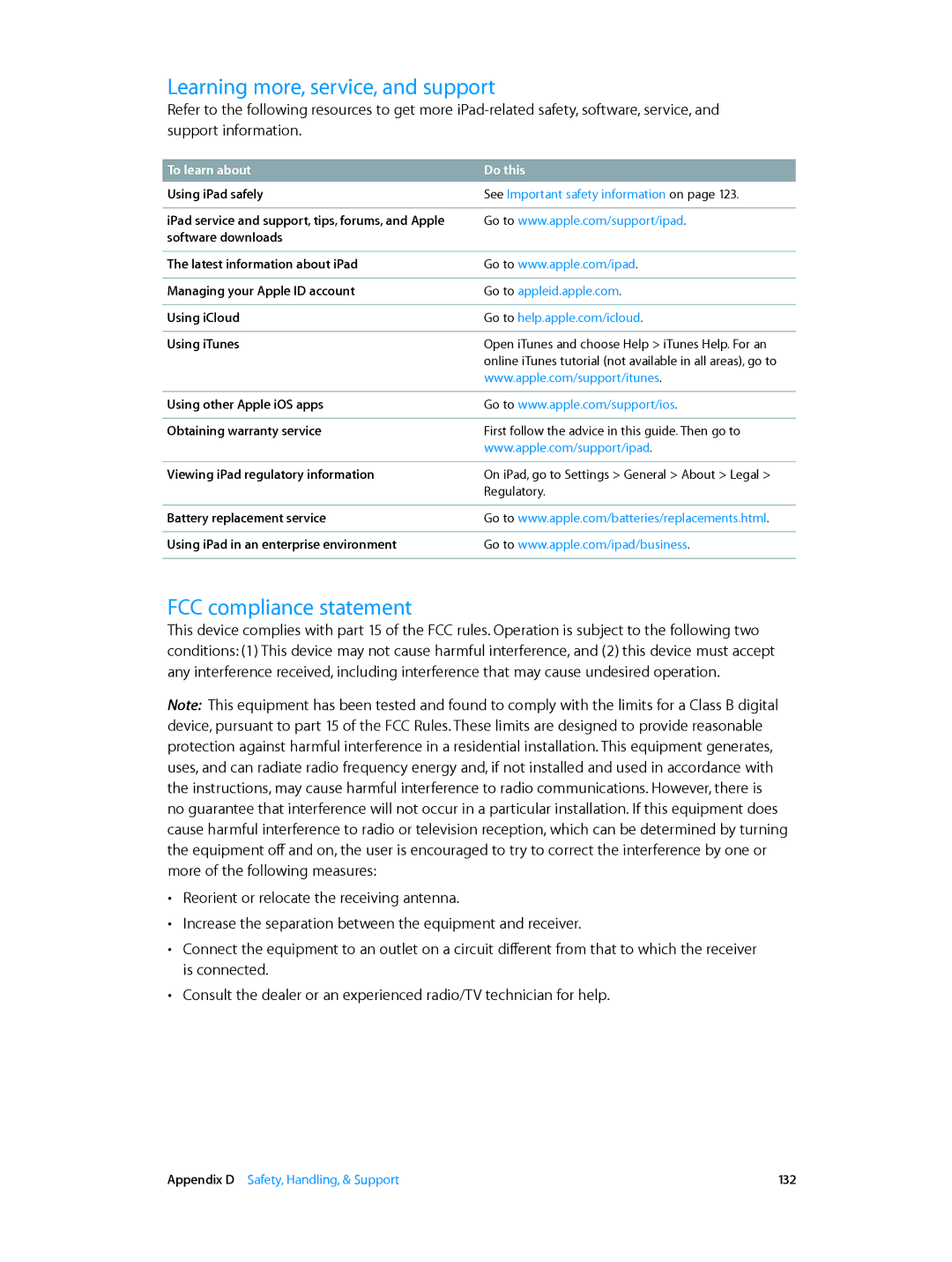 Apple ME281LL/A, MD510LL/A, MD366EA, MD370LL/A, MD329LL/A manual Learning more, service, and support, FCC compliance statement 