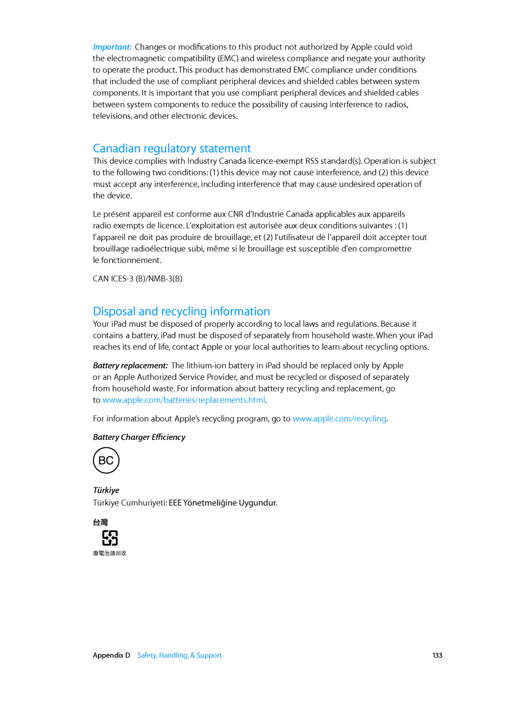 Apple ME220LL/A, MD510LL/A, MD366EA, MD370LL/A, MD329LL/A Canadian regulatory statement, Disposal and recycling information 