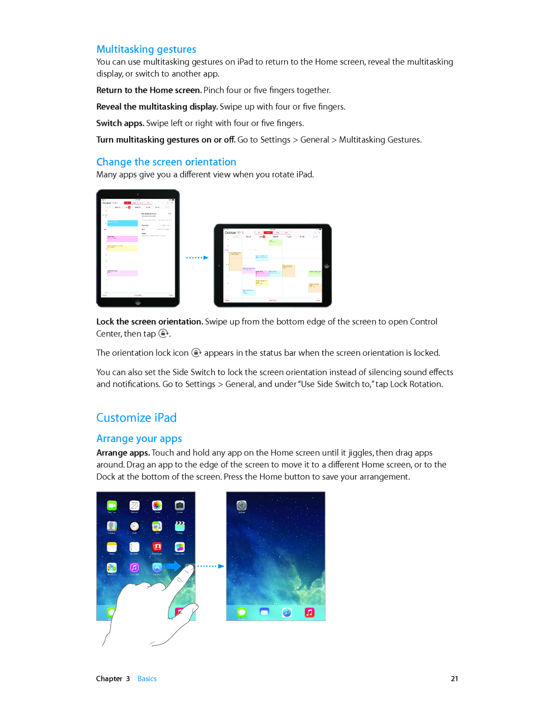 Apple MD785LL/A, MD510LL/A, MD366EA Customize iPad, Multitasking gestures, Change the screen orientation, Arrange your apps 