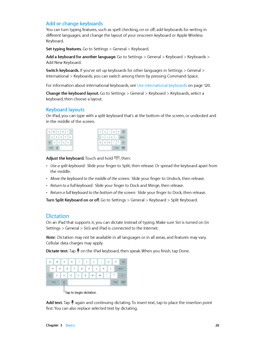 Apple MD520LL/A, MD510LL/A, MD366EA, MD370LL/A, MD329LL/A, MD368EA manual Dictation, Add or change keyboards, Keyboard layouts 