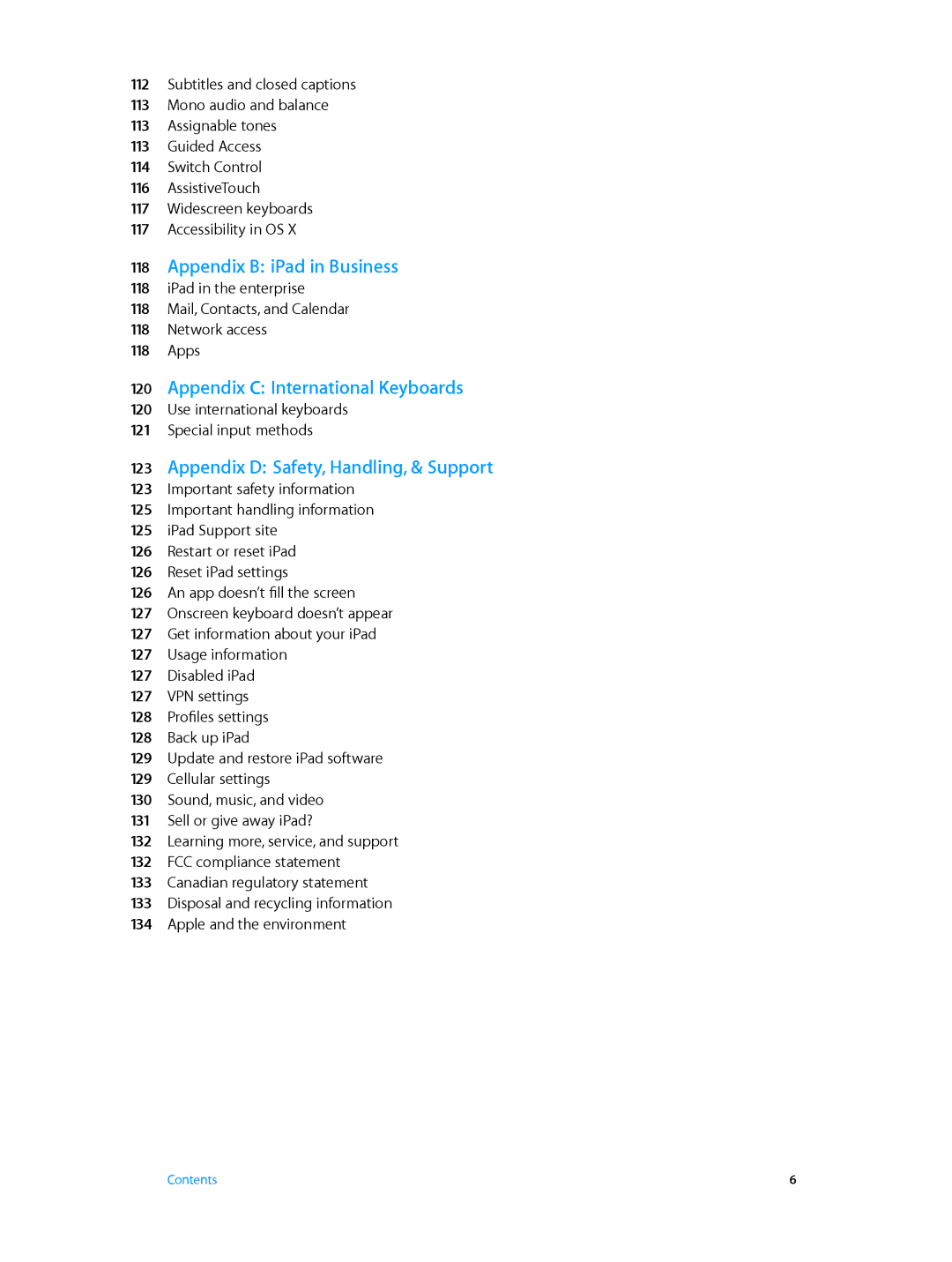 Apple MC774LL/A Appendix B iPad in Business, Appendix C International Keyboards, Appendix D Safety, Handling, & Support 