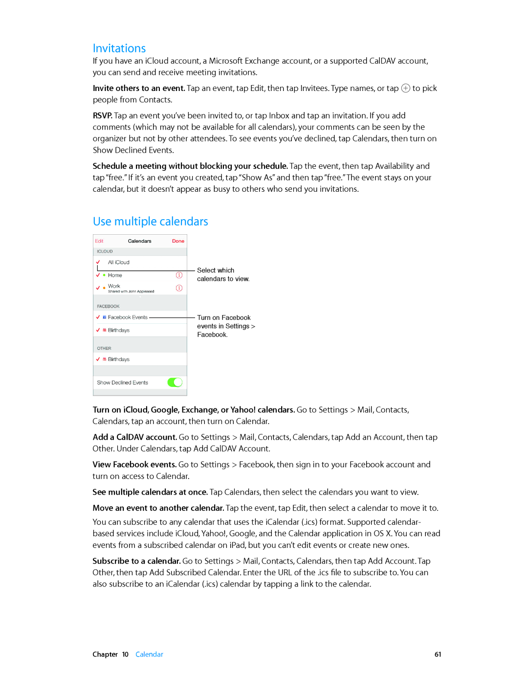 Apple MD790LL/A, MD510LL/A, MD366EA, MD370LL/A, MD329LL/A, MD368EA, MD074LL/A, MC774LL/A Invitations, Use multiple calendars 