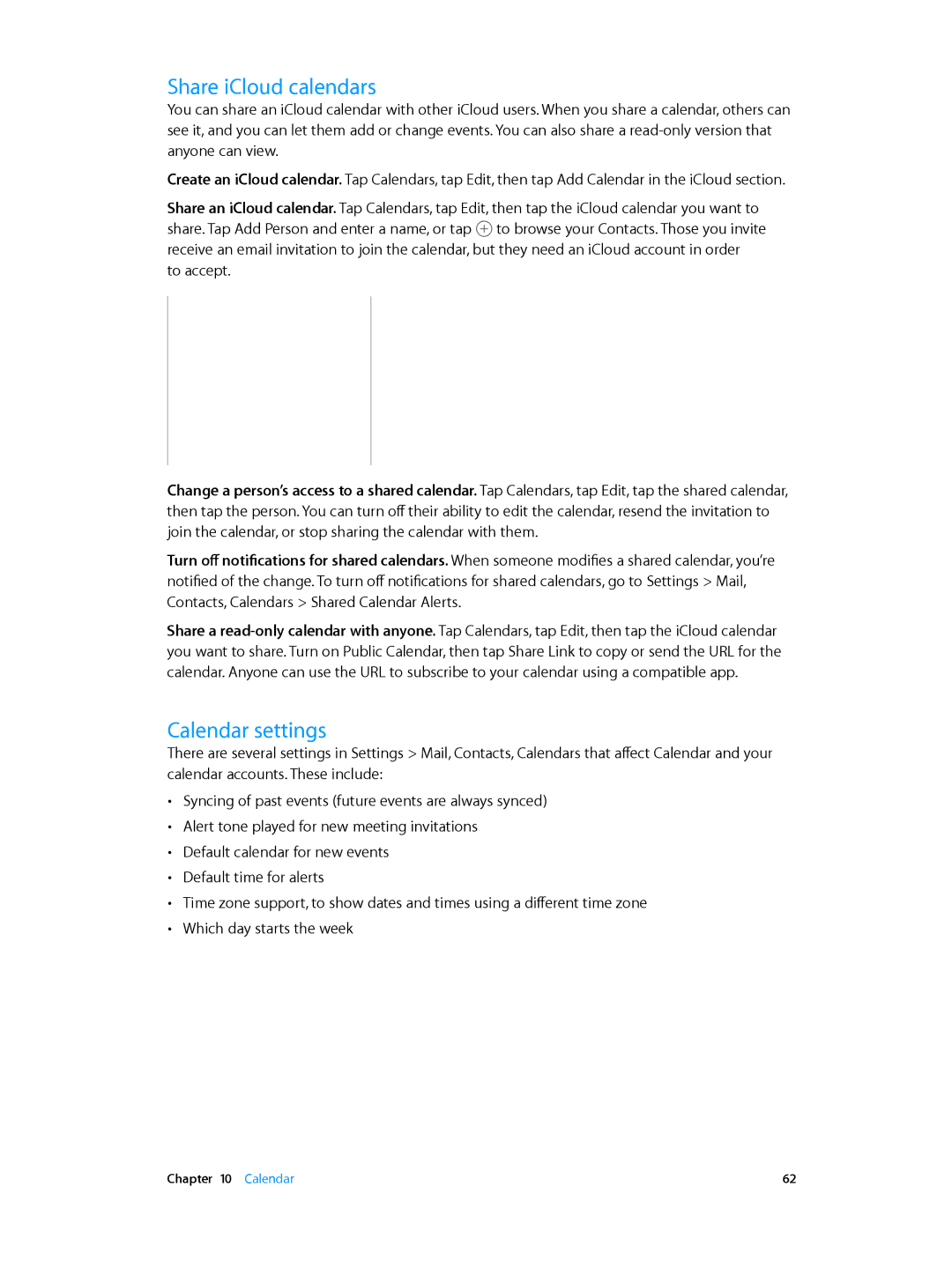 Apple MD789LL/A, MD510LL/A, MD366EA, MD370LL/A, MD329LL/A, MD368EA, MD074LL/A manual Share iCloud calendars, Calendar settings 