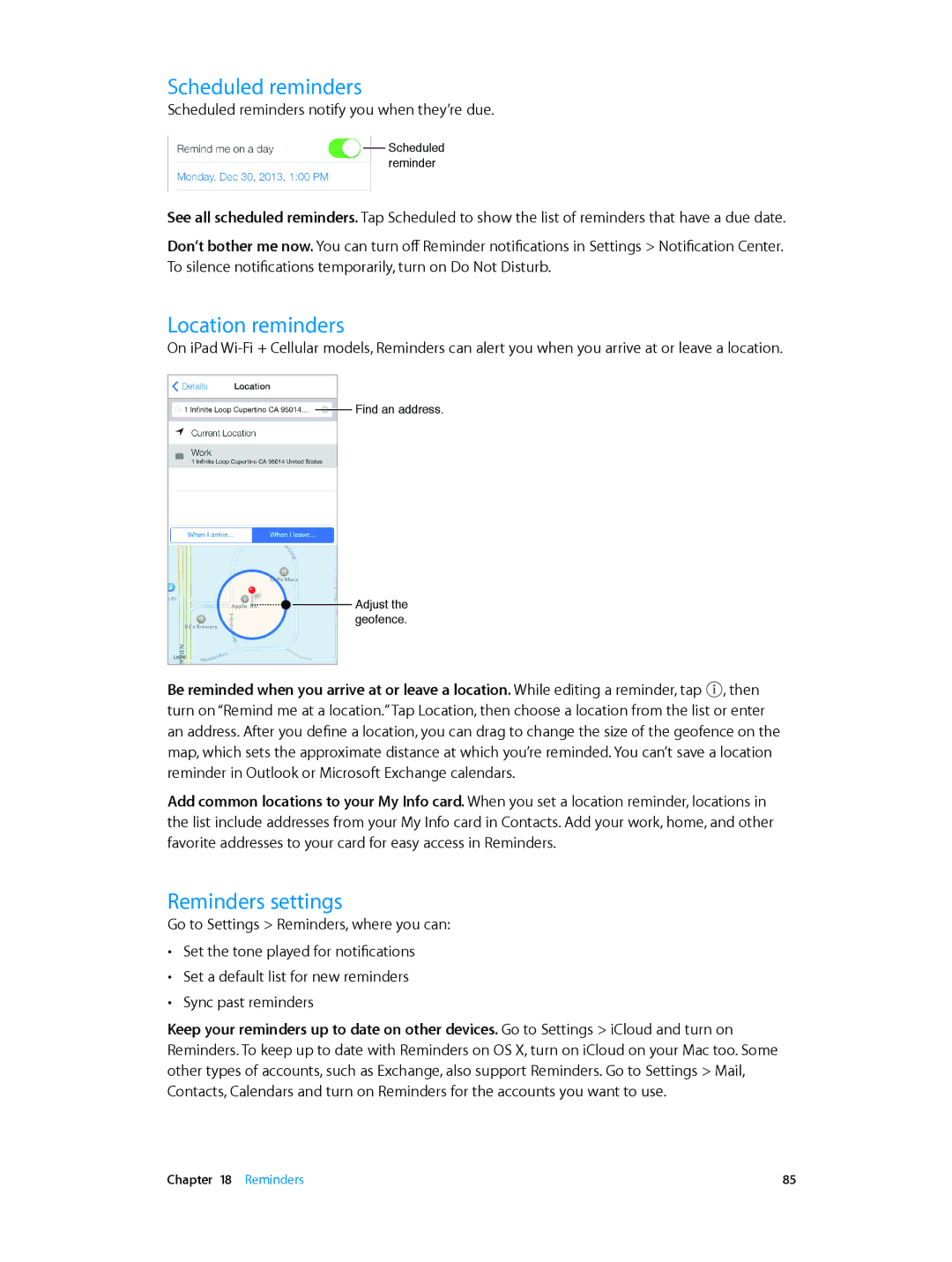 Apple ME276LL/A, MD510LL/A, MD366EA, MD370LL/A, MD329LL/A, MD368EA Scheduled reminders, Location reminders, Reminders settings 