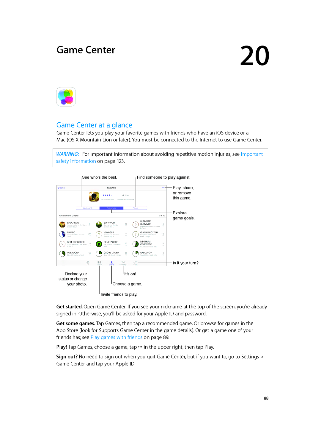 Apple ME220LL/A, MD510LL/A, MD366EA, MD370LL/A, MD329LL/A, MD368EA, MD074LL/A, MC774LL/A, MB292LL/A Game Center at a glance 