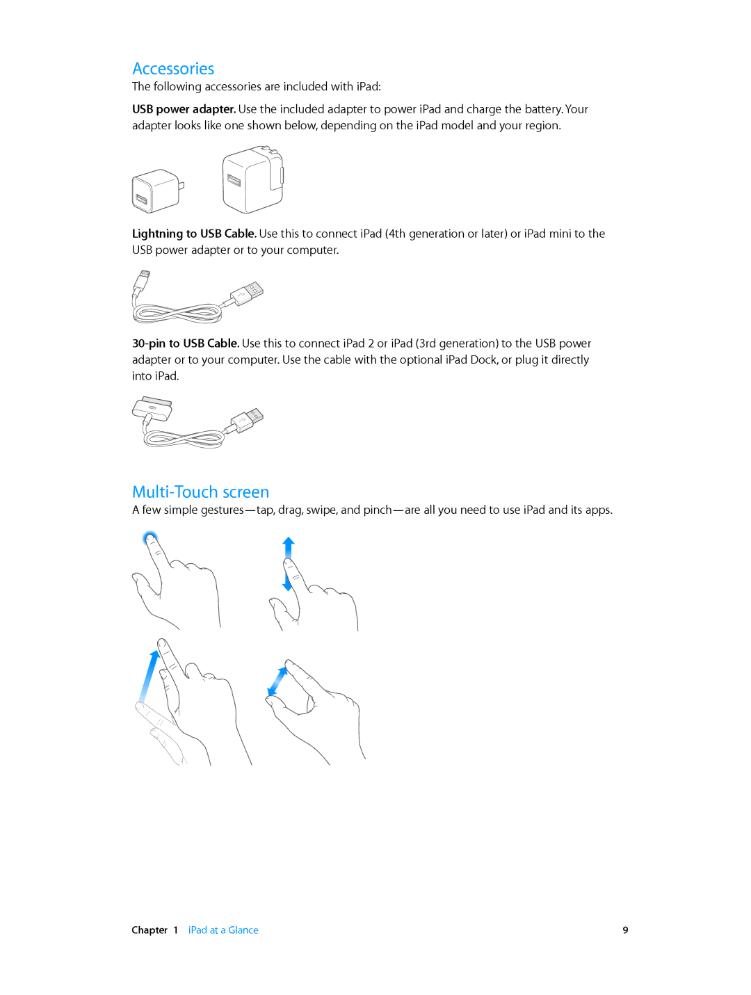 Apple MC705LL/A, MD510LL/A, MD366EA, MD370LL/A, MD329LL/A, MD368EA, MD074LL/A, MC774LL/A manual Accessories, Multi-Touch screen 