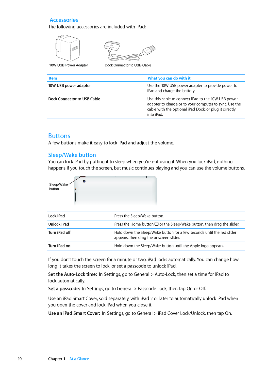 Apple MD515LL/A, MD511LL/A, MD518LL/A Buttons, Accessories, Sleep/Wake button, Following accessories are included with iPad 