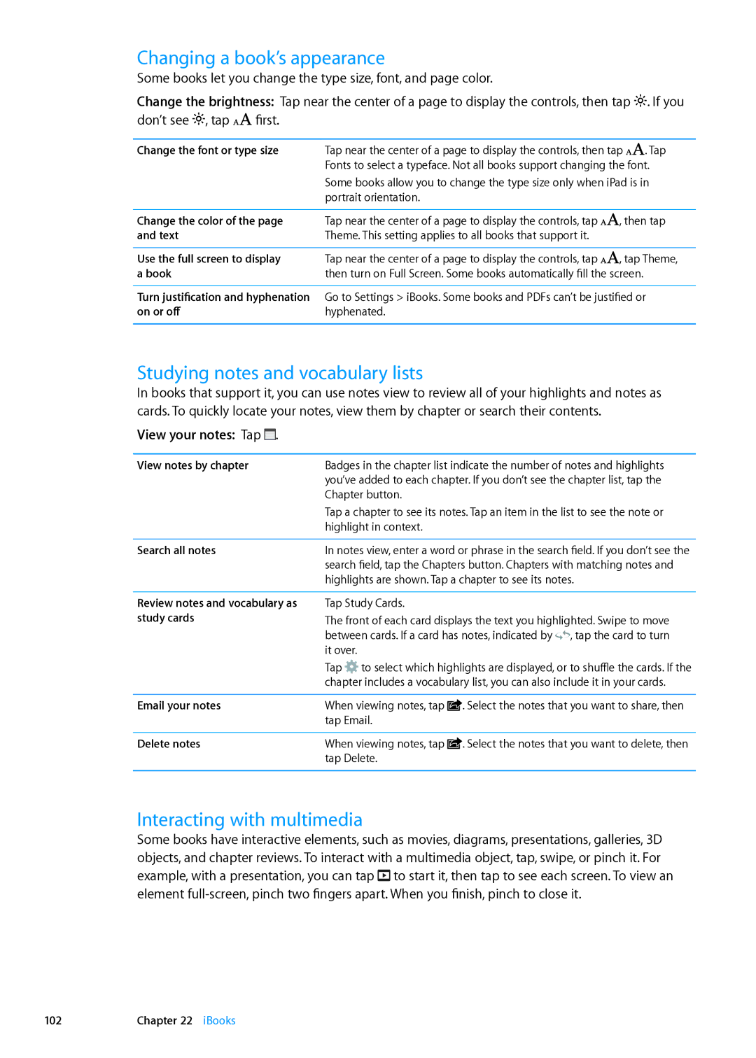 Apple MD524LL/A, MD511LL/A Changing a book’s appearance, Studying notes and vocabulary lists, Interacting with multimedia 