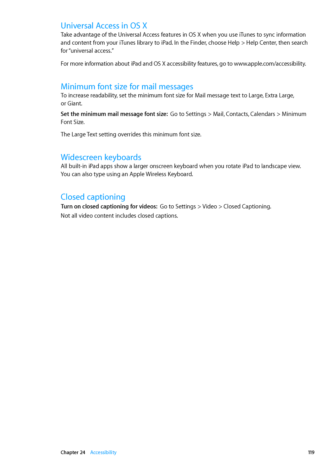 Apple MD514LL/A manual Universal Access in OS, Minimum font size for mail messages, Widescreen keyboards, Closed captioning 