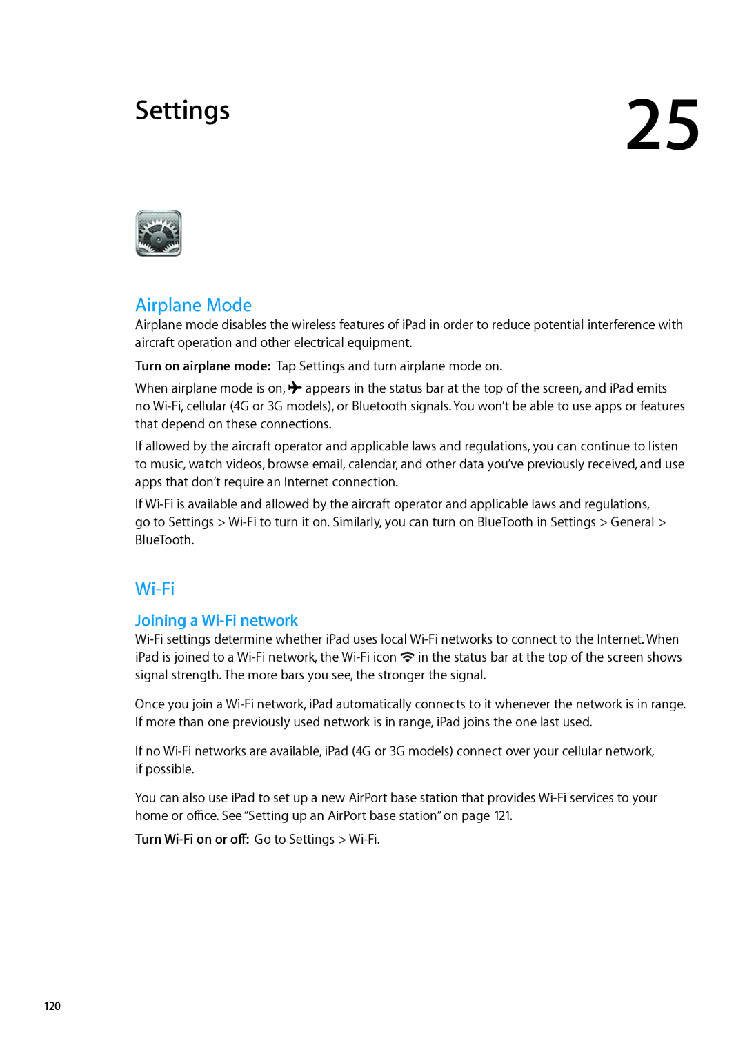 Apple MD511LL/A, MD518LL/A, MD515LL/A, MD521LL/A, MD523LL/A manual Settings, Airplane Mode, Joining a Wi-Fi network, 120 