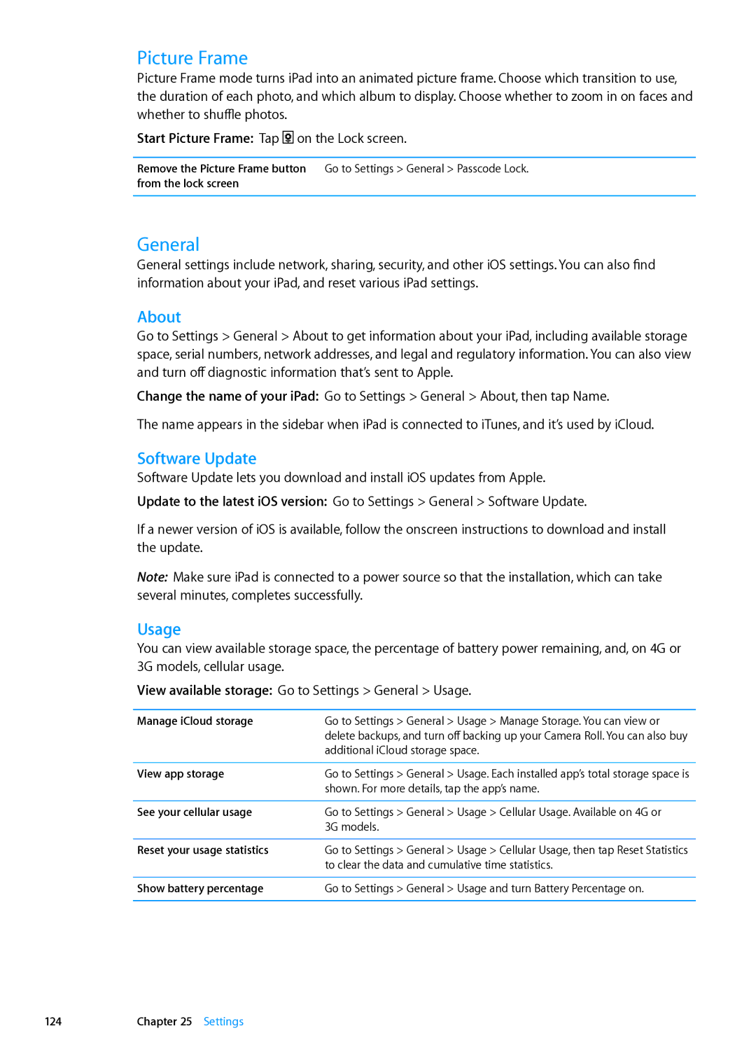 Apple MD523LL/A, MD511LL/A, MD518LL/A, MD515LL/A, MD521LL/A, MD526LL/A Picture Frame, General, About, Software Update, Usage 