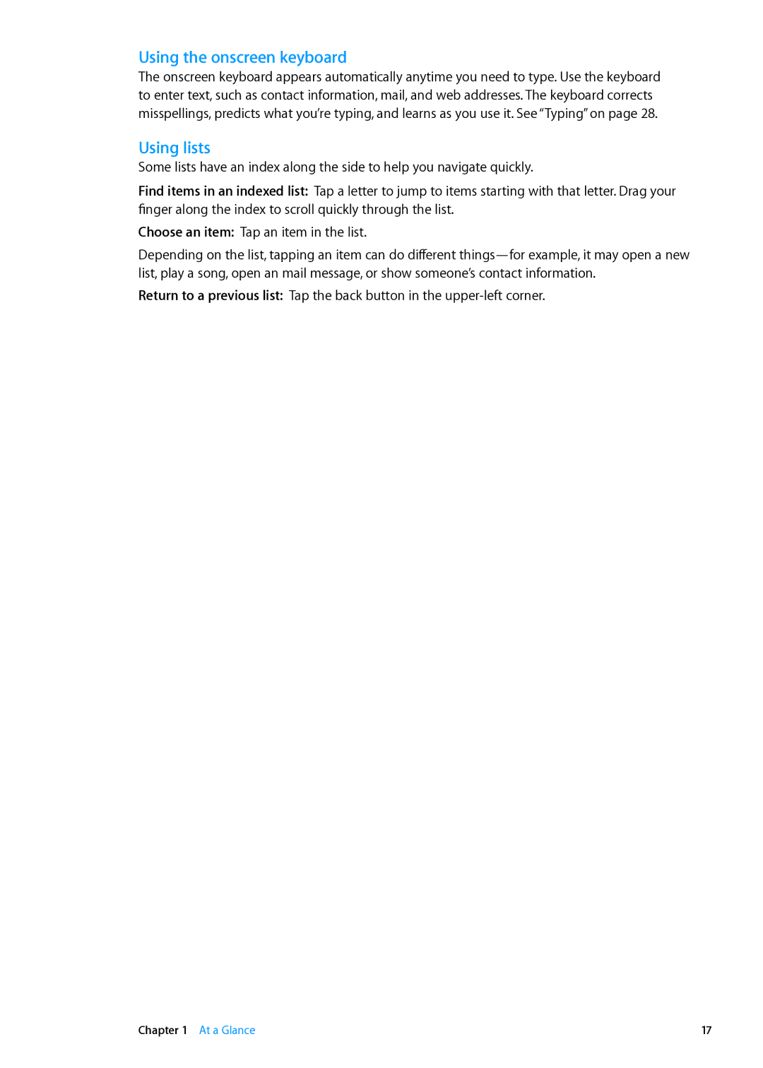 Apple MD518LL/A, MD511LL/A, MD515LL/A, MD521LL/A, MD523LL/A, MD526LL/A, MD524LL/A manual Using the onscreen keyboard, Using lists 