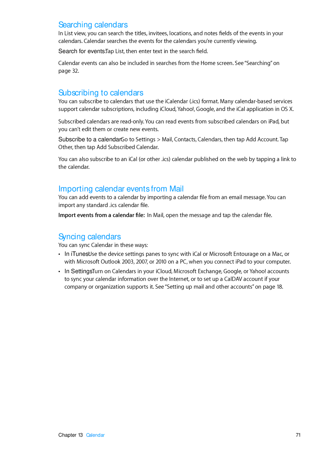 Apple MD514LL/A Searching calendars, Subscribing to calendars, Importing calendar events from Mail, Syncing calendars 