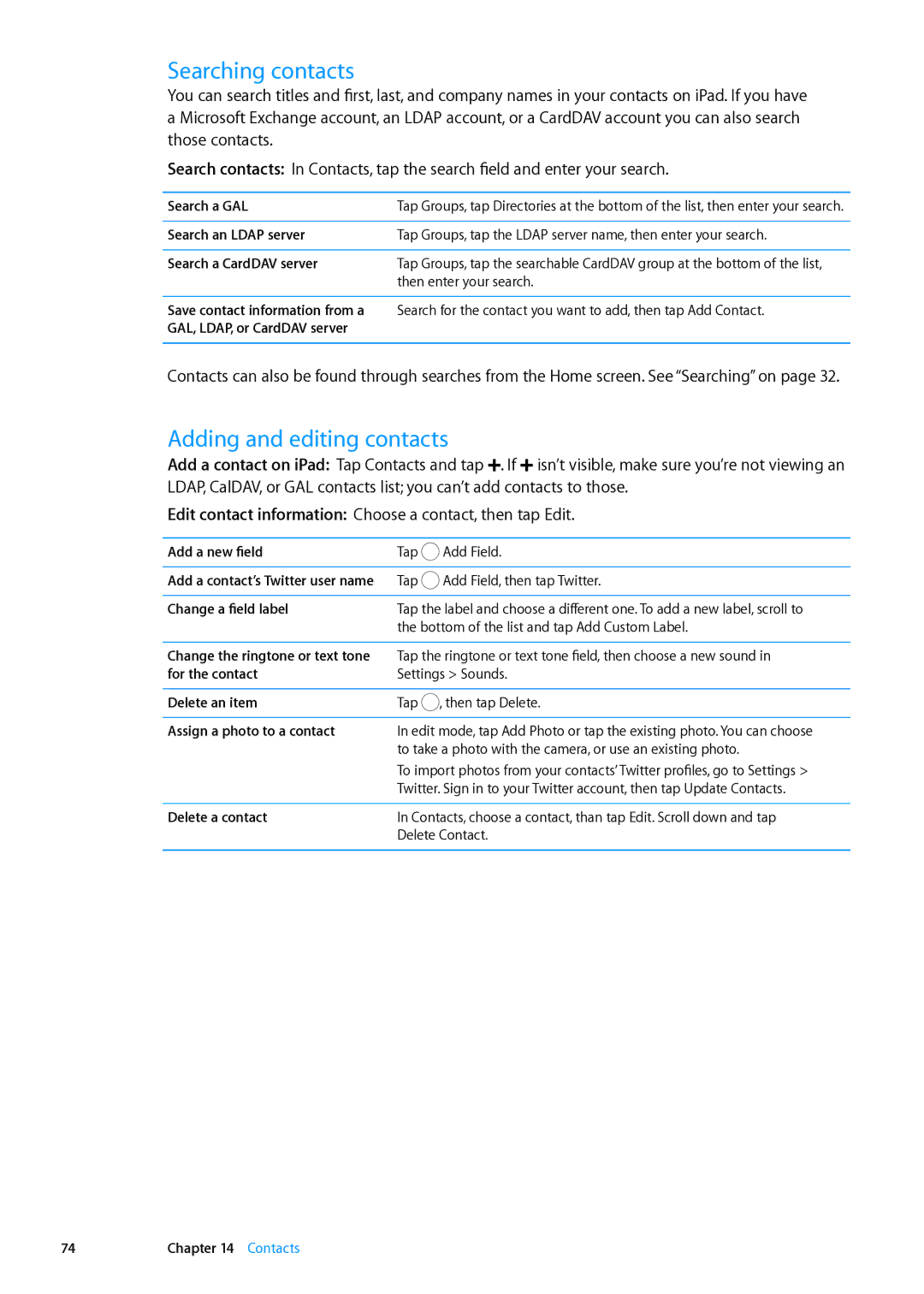 Apple MD515LL/A, MD511LL/A, MD518LL/A, MD521LL/A, MD523LL/A, MD526LL/A manual Searching contacts, Adding and editing contacts 