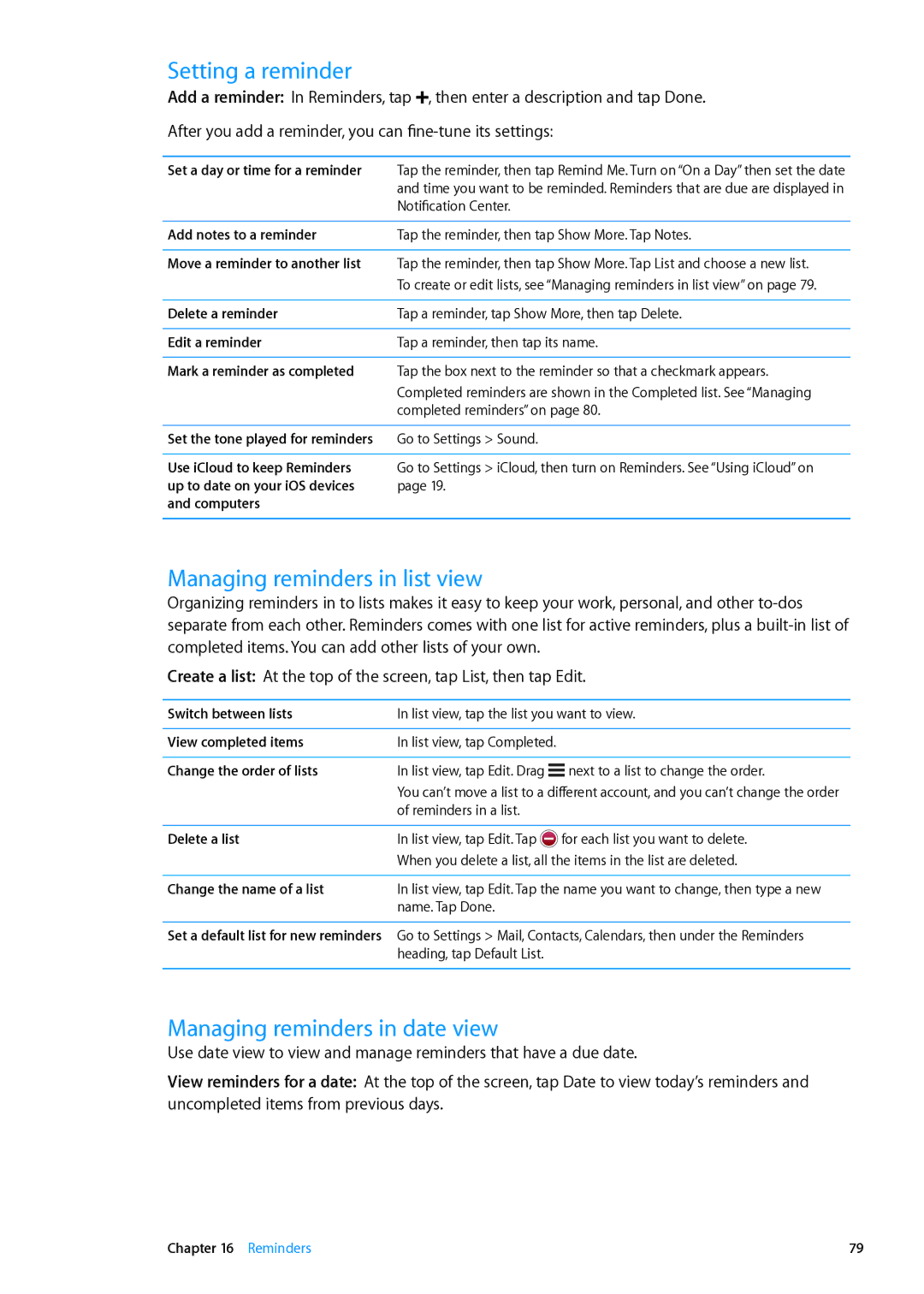 Apple MD514LL/A, MD511LL/A, MD518LL/A Setting a reminder, Managing reminders in list view, Managing reminders in date view 