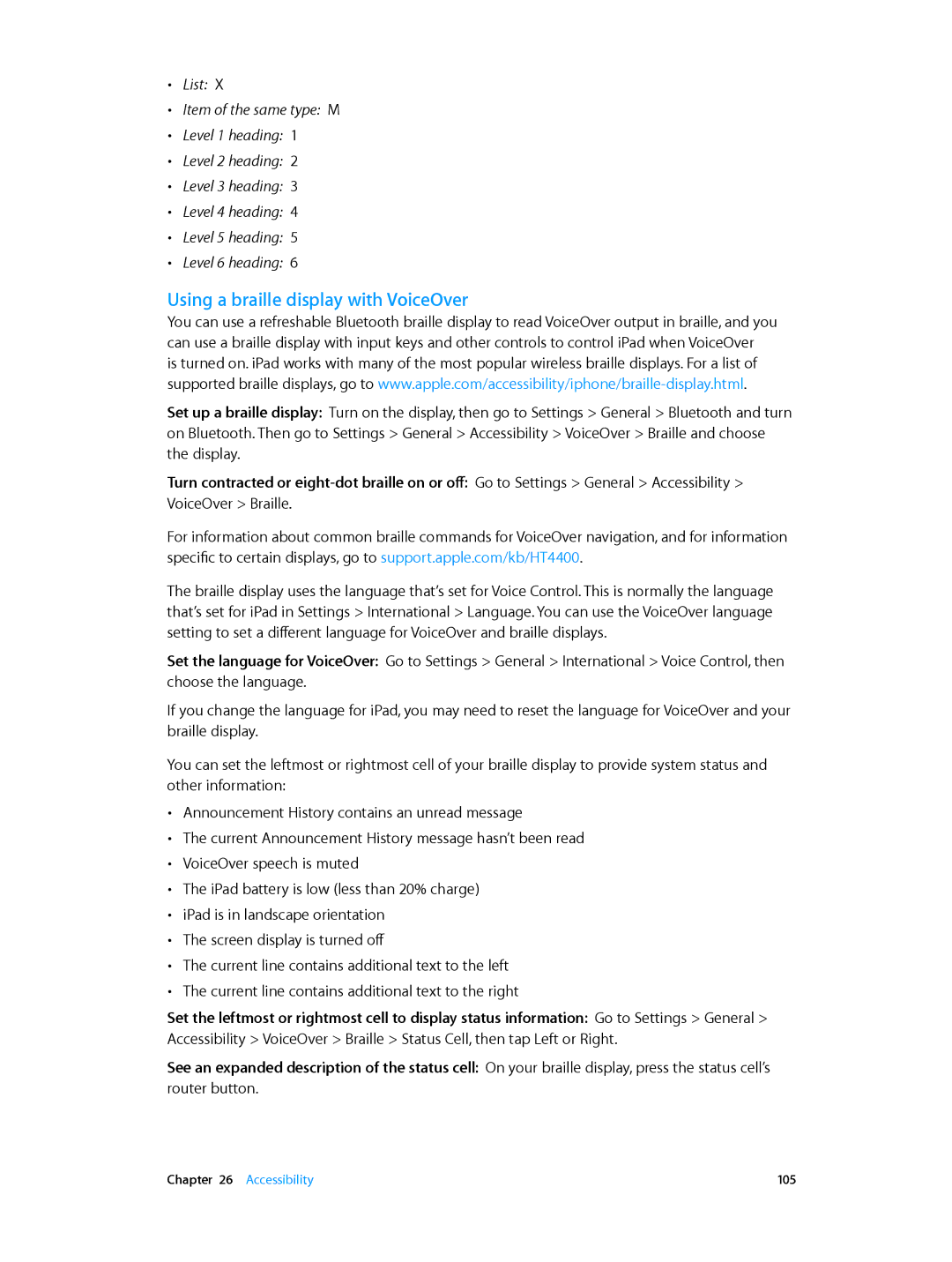 Apple MD528LL/A manual Using a braille display with VoiceOver 