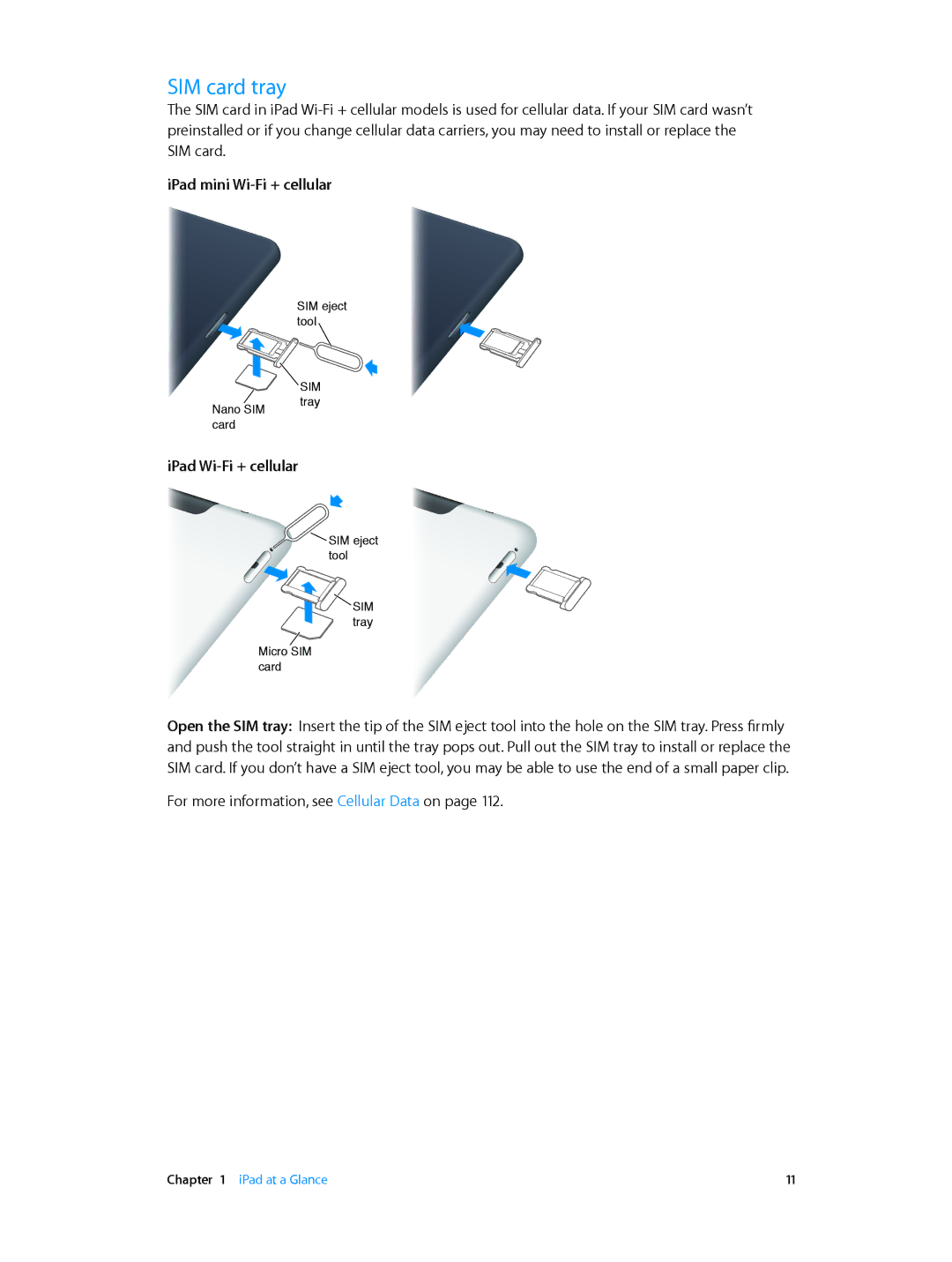 Apple MD528LL/A manual SIM card tray, IPad mini Wi-Fi + cellular, IPad Wi-Fi + cellular 