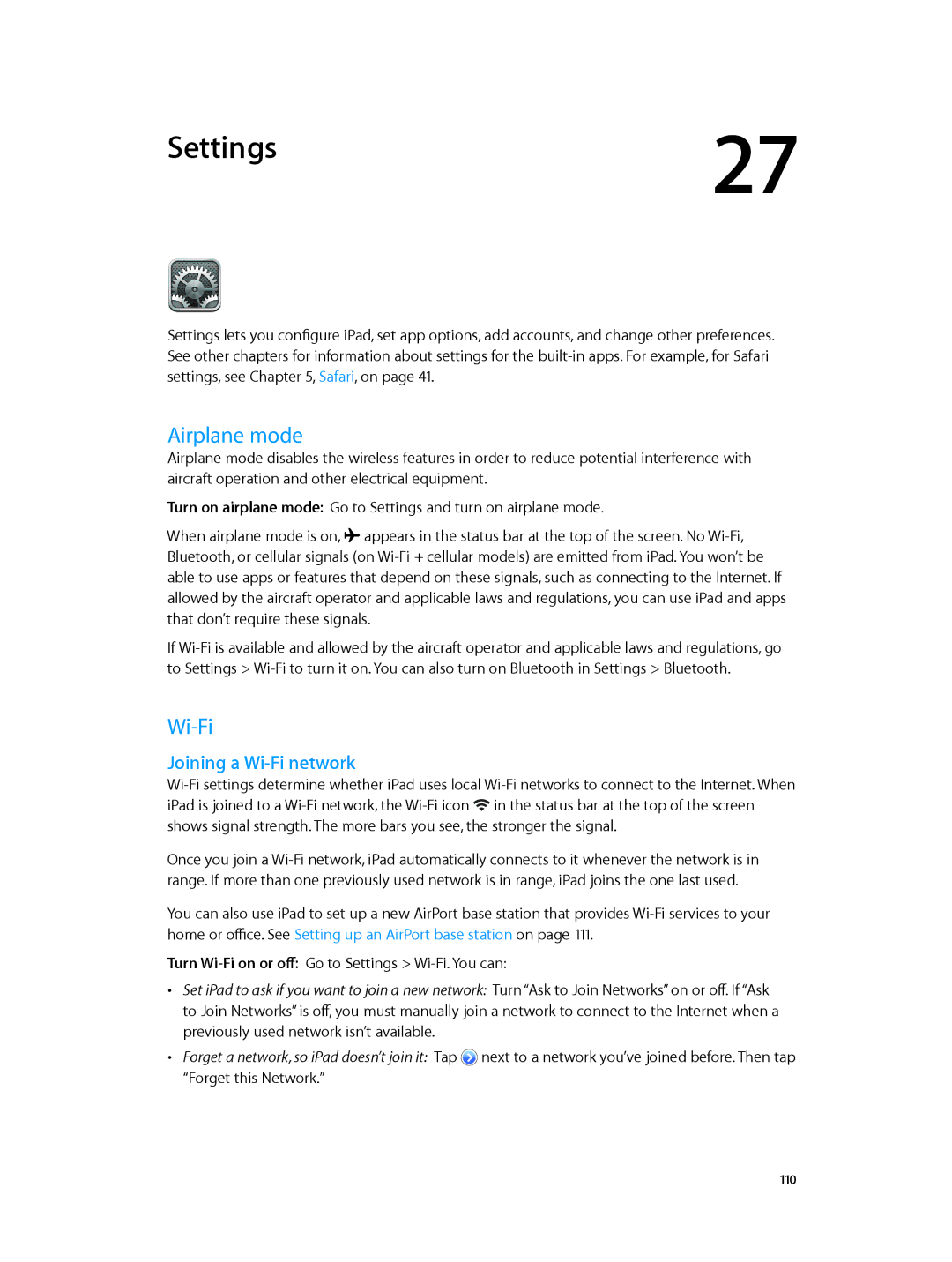 Apple MD528LL/A manual Settings, Airplane mode, Joining a Wi-Fi network 