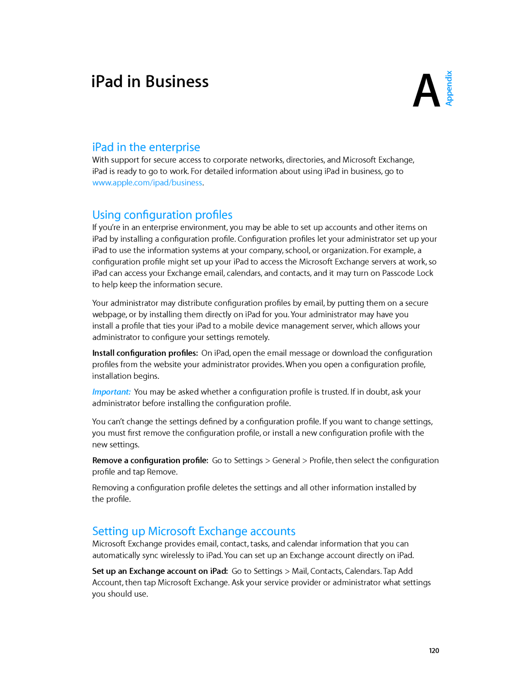 Apple MD528LL/A manual IPad in Business, IPad in the enterprise Using configuration profiles 