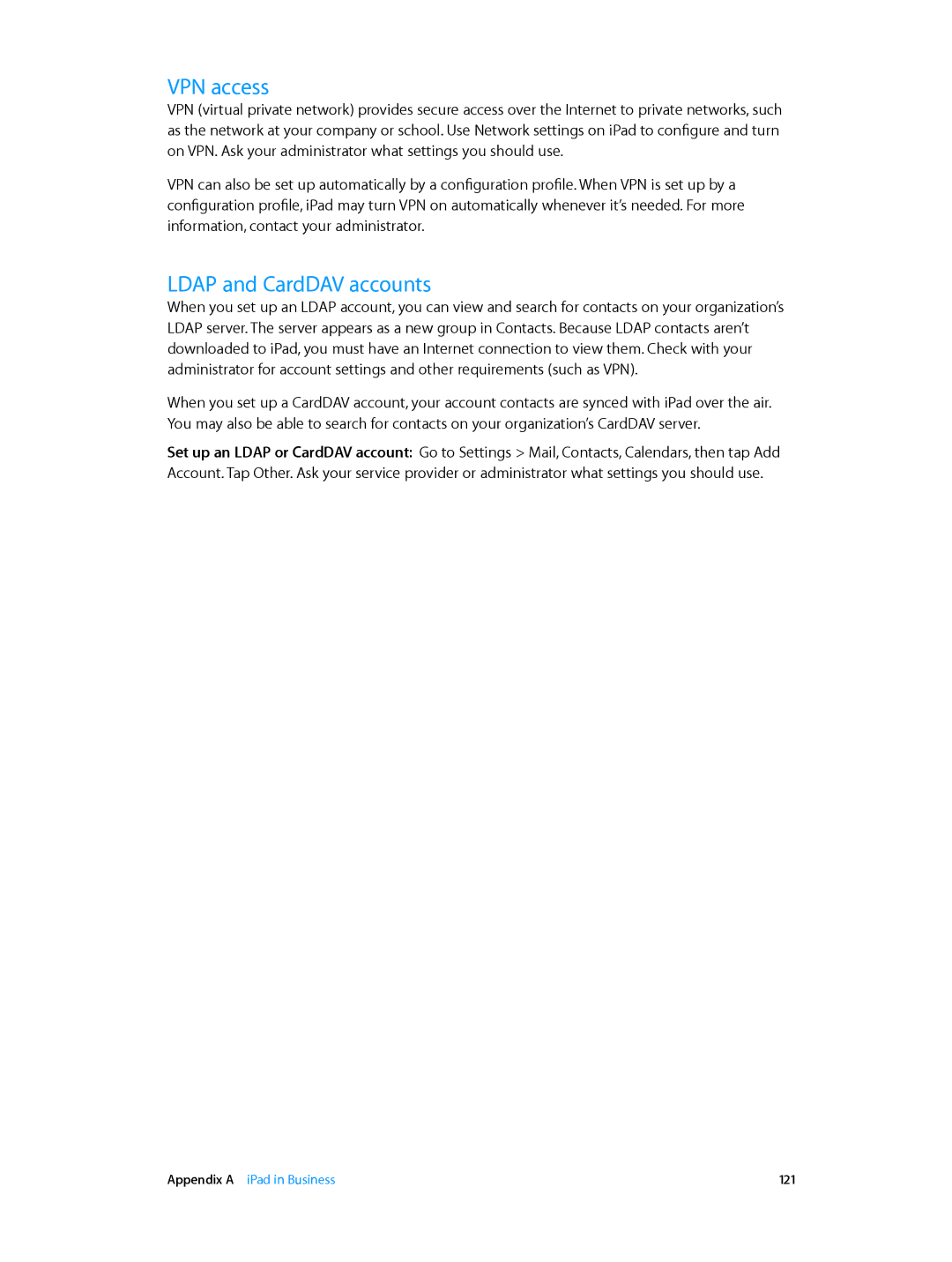Apple MD528LL/A manual VPN access, Ldap and CardDAV accounts 