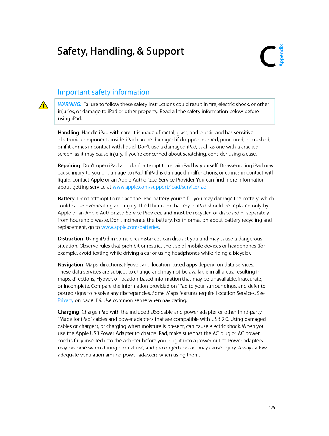 Apple MD528LL/A manual Safety, Handling, & Support, Important safety information 