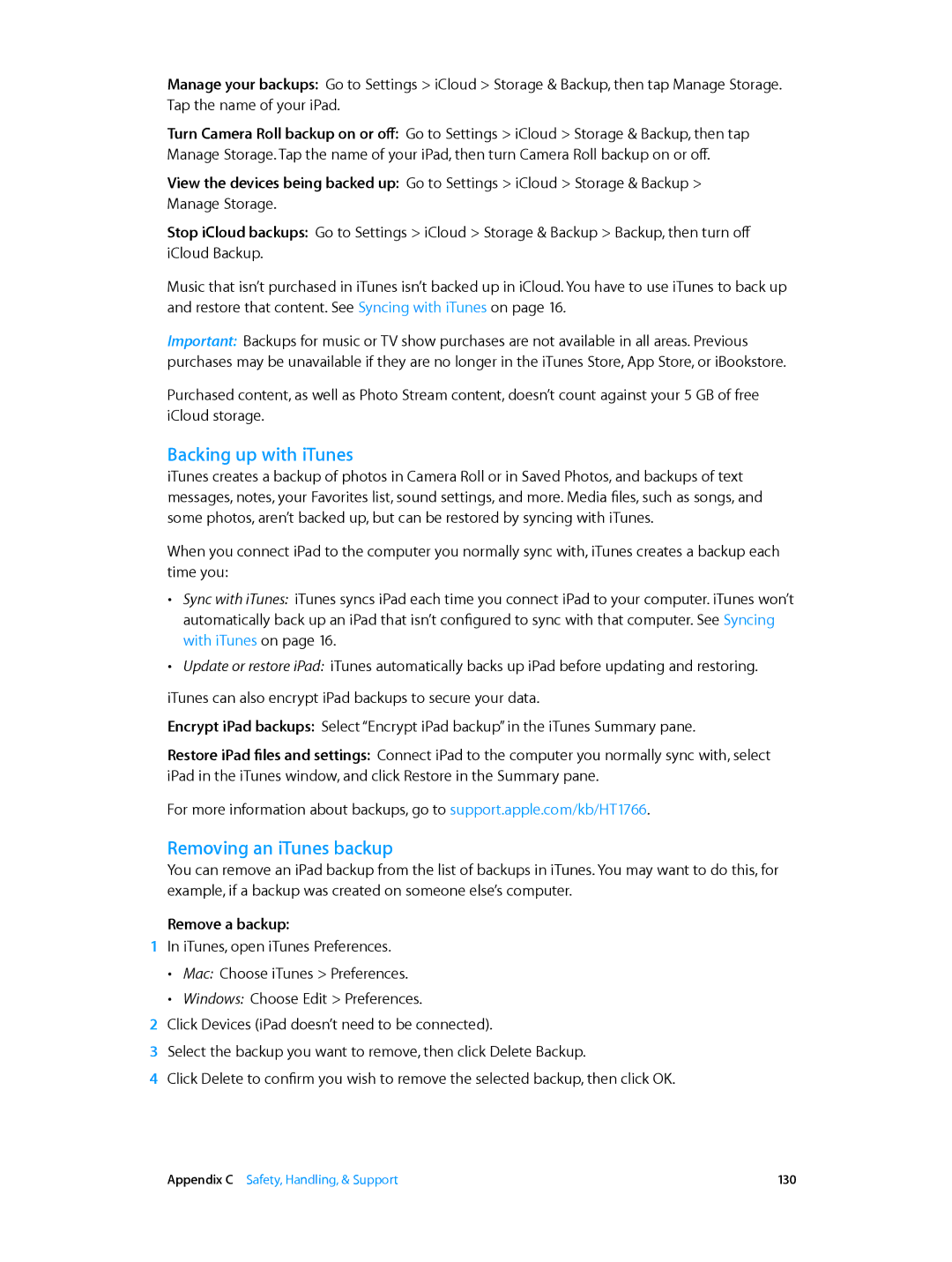 Apple MD528LL/A manual Backing up with iTunes, Removing an iTunes backup, Remove a backup 