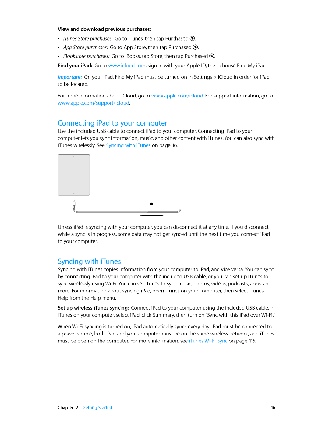 Apple MD528LL/A manual Connecting iPad to your computer, Syncing with iTunes, View and download previous purchases 