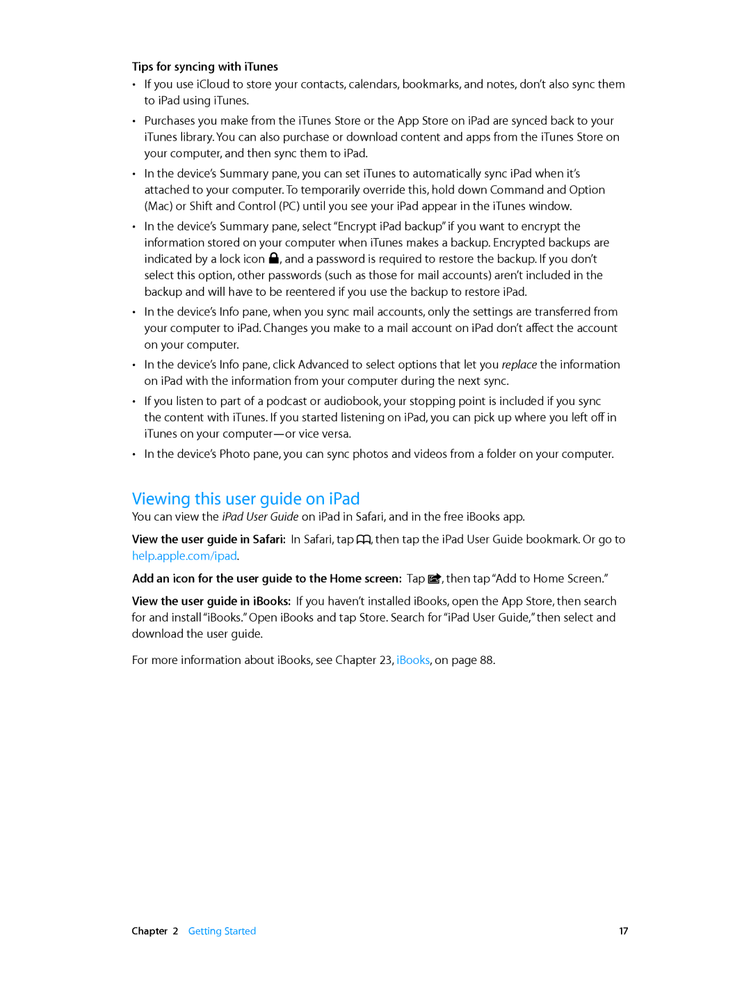 Apple MD528LL/A manual Viewing this user guide on iPad, Tips for syncing with iTunes 