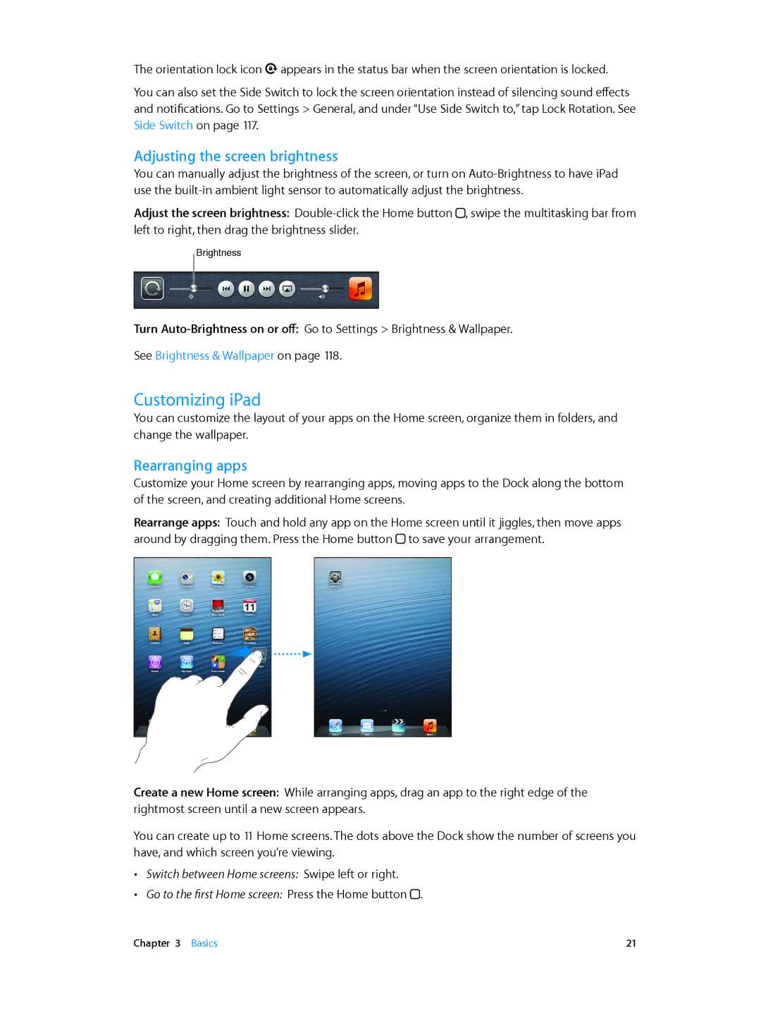 Apple MD528LL/A manual Customizing iPad, Adjusting the screen brightness, Rearranging apps 