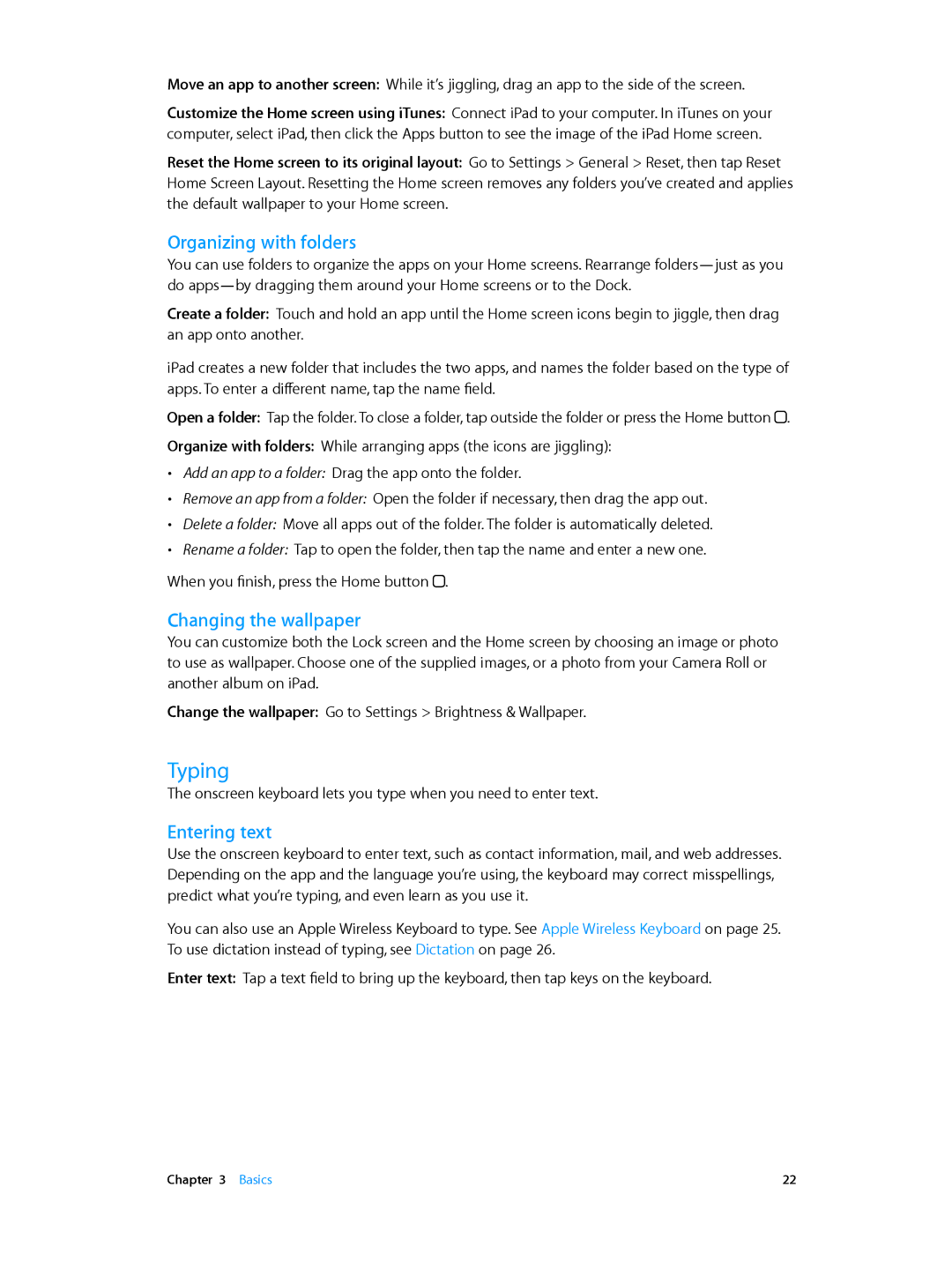 Apple MD528LL/A manual Typing, Organizing with folders, Changing the wallpaper, Entering text 