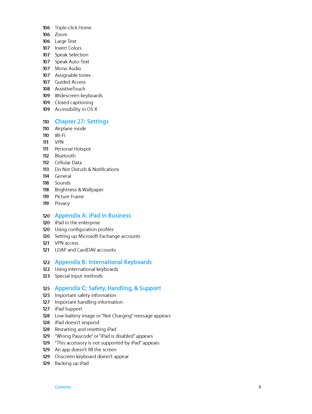 Apple MD528LL/A manual Settings, Appendix a iPad in Business, Appendix B International Keyboards 