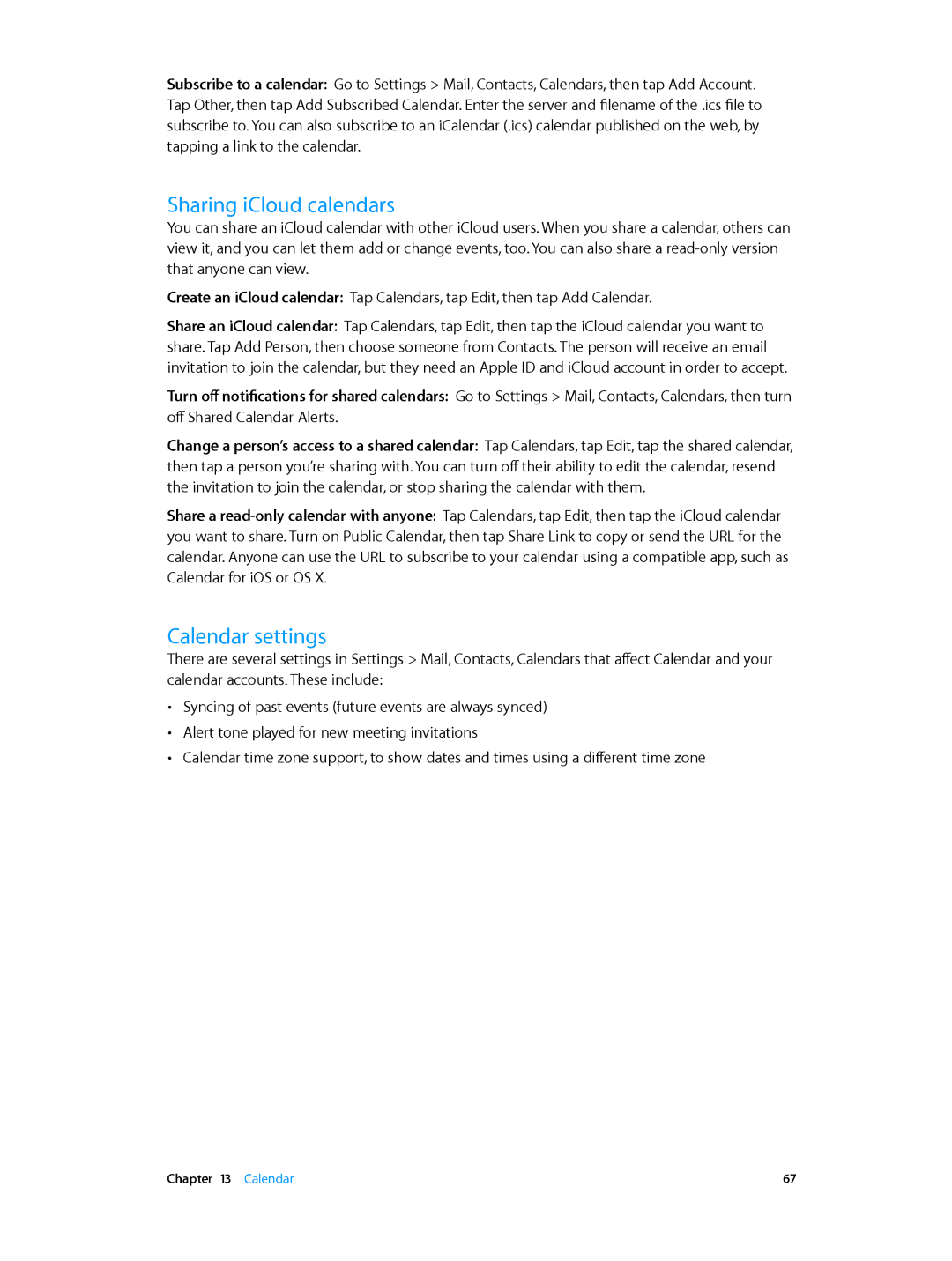 Apple MD528LL/A manual Sharing iCloud calendars, Calendar settings 